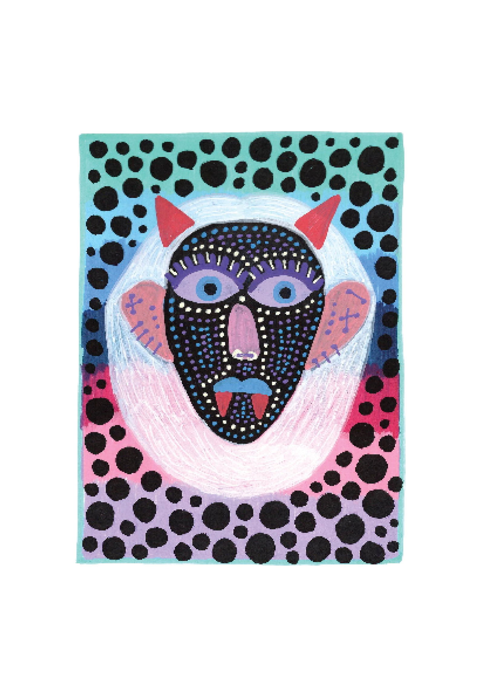 Evil Eye Mask 20: Inspired by the South Indian Drishti Bommai mask; a protective talisman traditionally represented as a doll; this artwork draws from a visual language widely seen across South India. These figures are