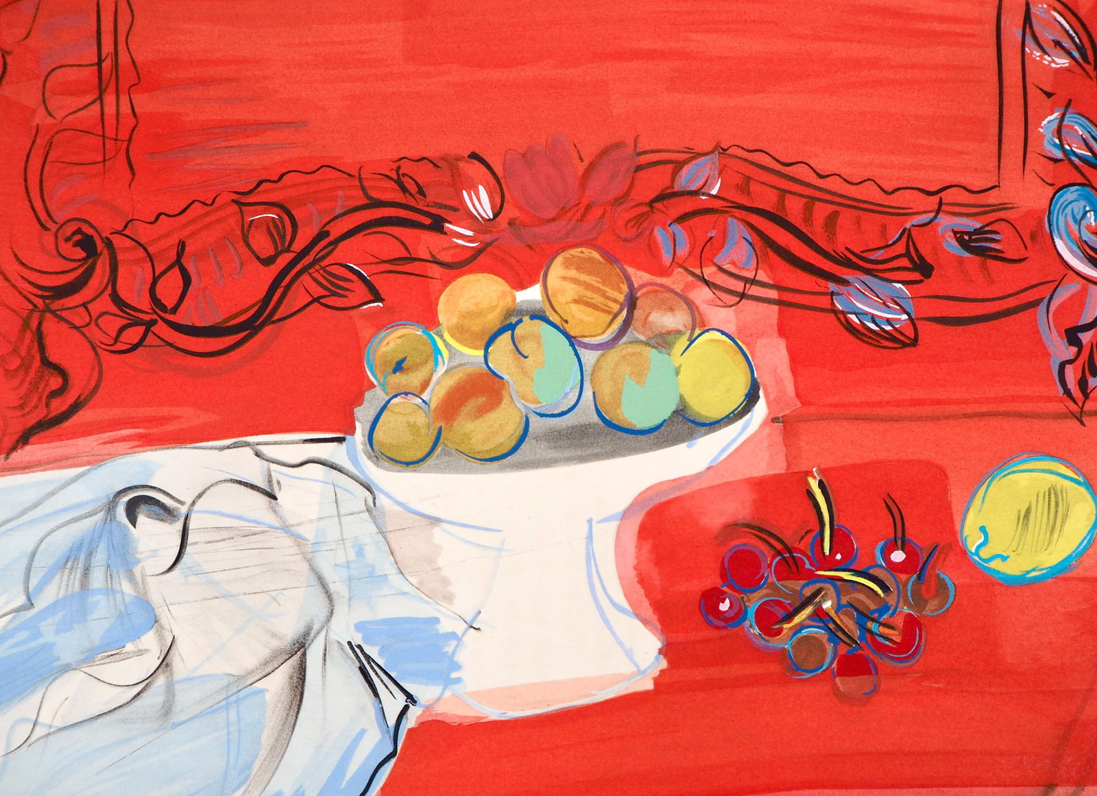 Raoul Dufy, Composition, Eaux-de-vie, Esprit de la fleur et du fruit, Limited Edition Lithograph: Lithograph and stencil on velin d'Arches paper. Paper size: 10.625 x 13.75 inches. Excellent condition. Unsigned and unnumbered, as issued. Published and printed by Bernard Klein, editeur, Paris, Febr