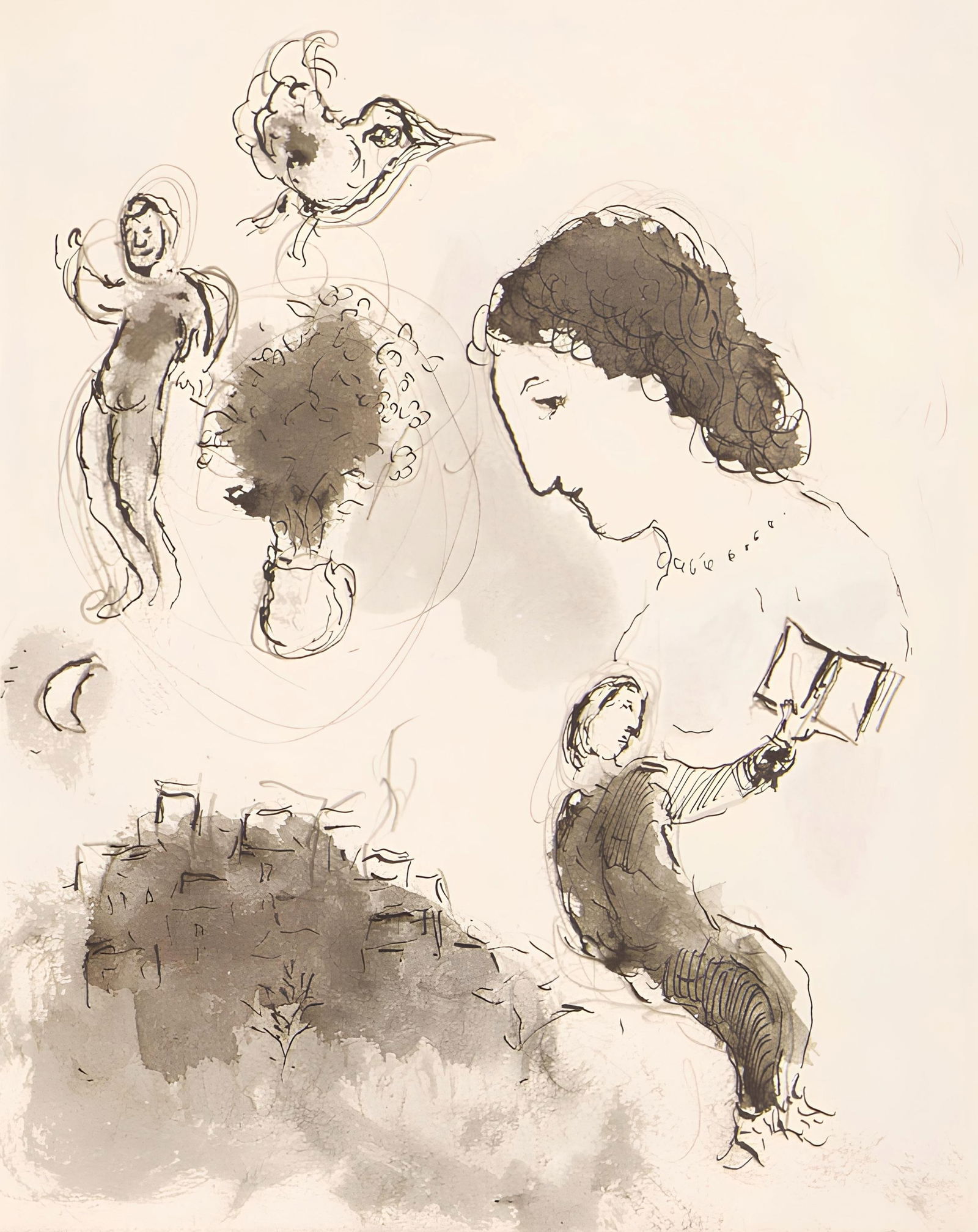 Marc Chagall, Composition, Lettres d'hivernage, Limited Edition Lithograph: Lithograph on velin Mazarine paper. Paper Size: 11 x 9 inches. Excellent condition. Inscription: Unsigned and unnumbered, as issued. Notes: From the album, Lettres d'hivernage, 1973. Published by Edit