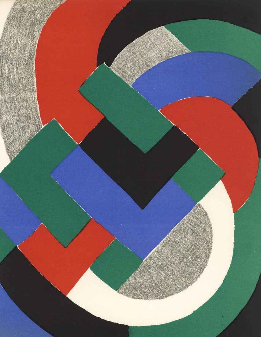 Sonia Delaunay, Composition, XXe siecle, Limited Edition Lithograph: Lithograph on velin paper. Paper Size: 12.5 x 9.75 inches. Excellent condition. Inscription: Unsigned and unnumbered, as issued. Notes: From the volume, XXe Siecle, n deg32, 1969. Published and