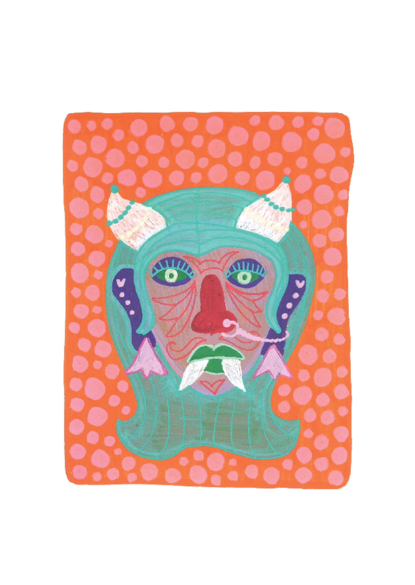 Evil Eye Mask 2: Inspired by the South Indian Drishti Bommai mask; a protective talisman traditionally represented as a doll; this artwork draws from a visual language widely seen across South India. These figures are