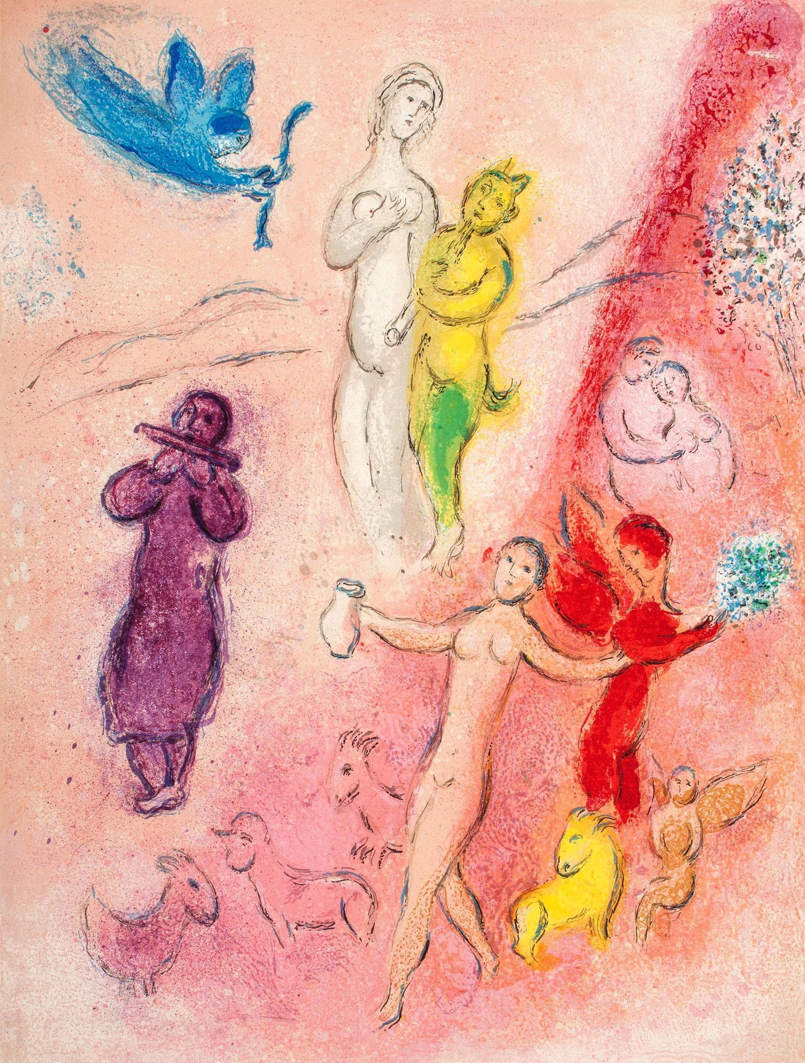 Marc Chagall, La fable de syringe, Daphnis et Chloe, Limited Edition Heliogravure: Heliogravure on velin paper. Paper Size: 12.5 x 9.5 inches. Inscription: Unsigned and unnumbered, as issued. Condition: Very good/excellent, consistent with age. Notes: From the album, Daphnis and Chl