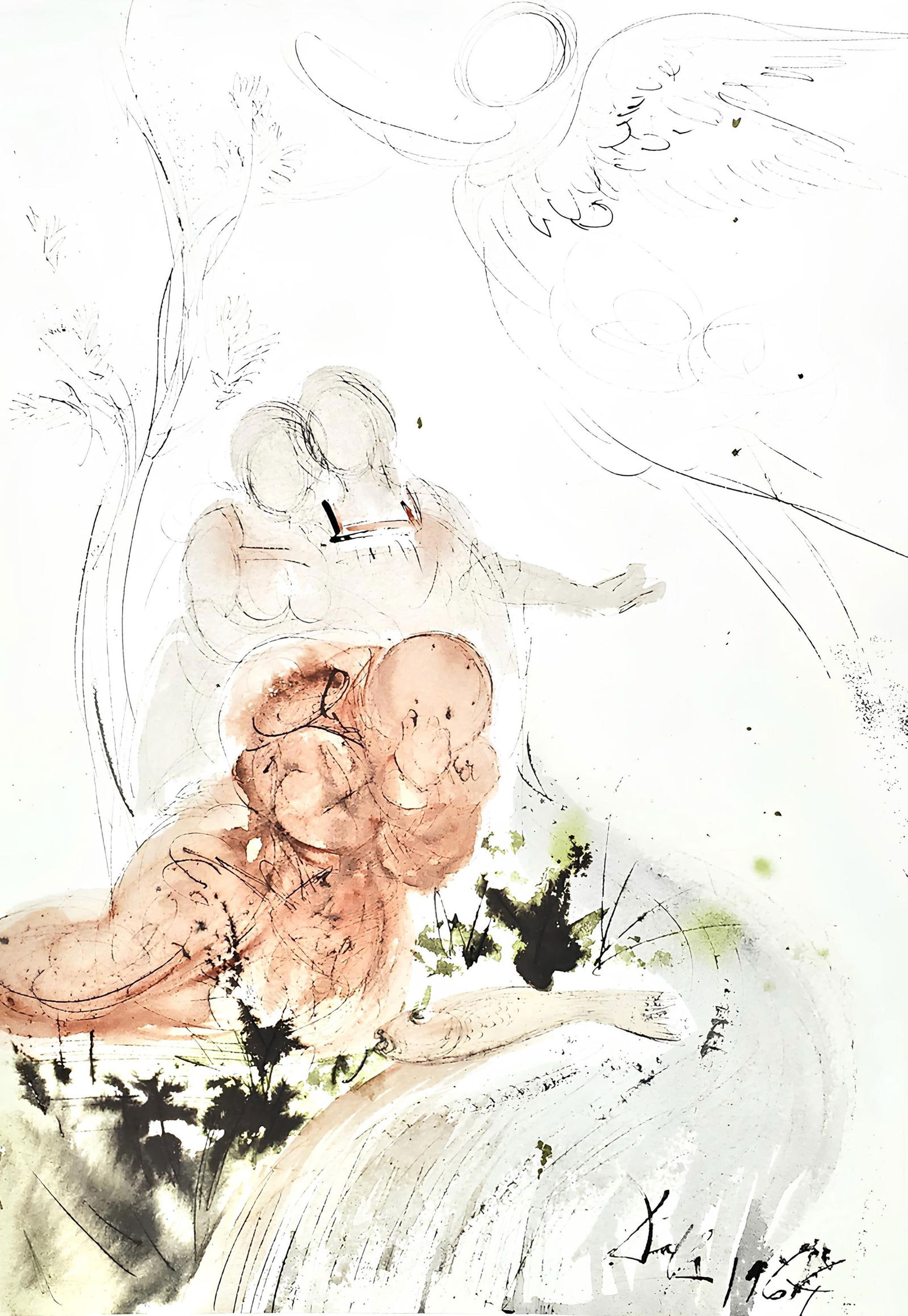 Salvador Dali, Composition (Michler/Lopsinger 1600; Field 69-3), Biblia Sacra, Limited Edition: Lithograph in colors on velin Fabriano charta ex meris pannis "ab alveo" manu fabricata, perlucidis figuris intexta paper. Paper size: 19 x 13.75 inches. Inscription: Signed in the plate and