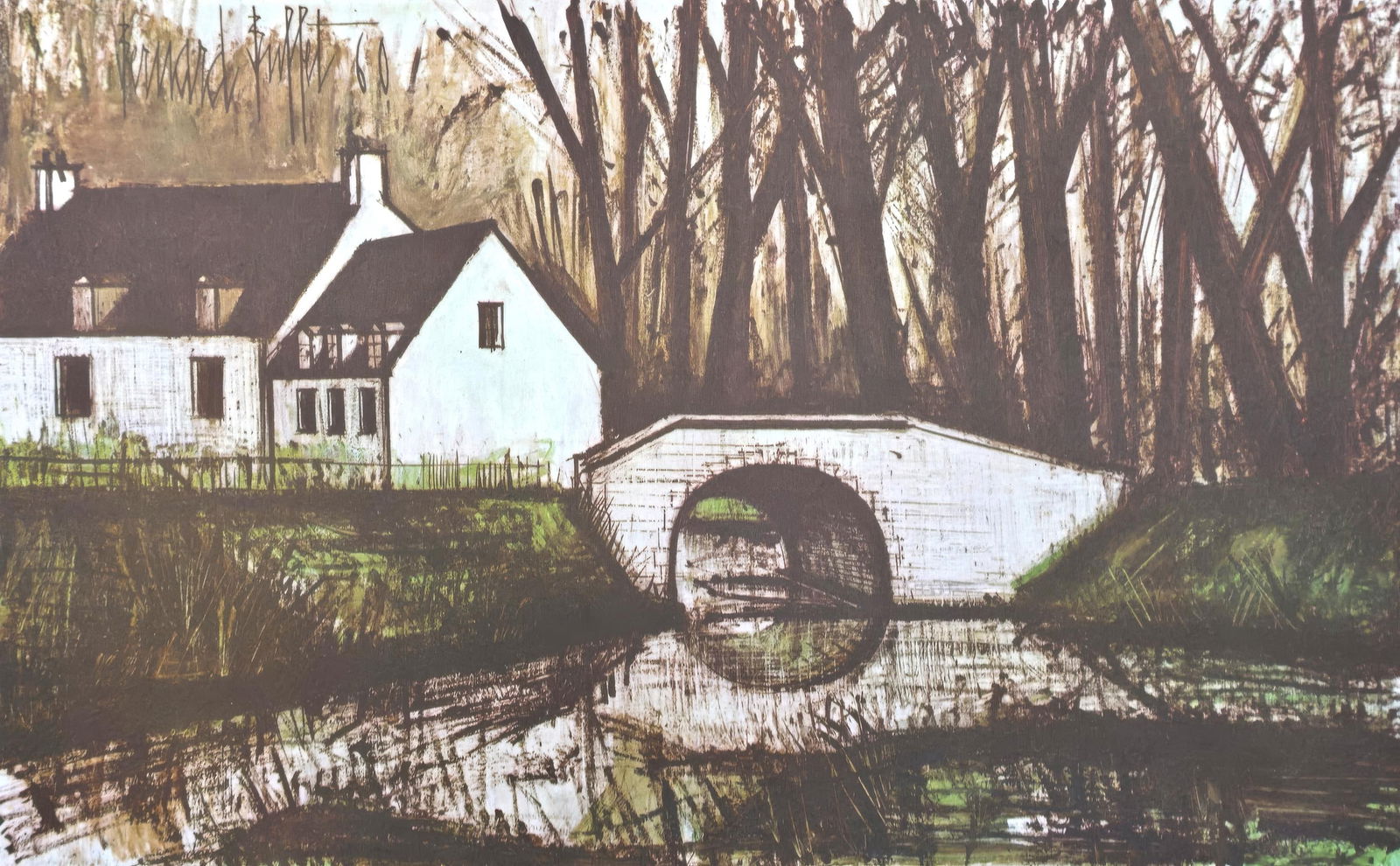 Bernard Buffet, Bridge over the River, from Painters of Today, Limited Edition Heliogravure, 1966: This exquisite heliogravure by Bernard Buffet (1928-1999), titled Pont sur la riviere (Bridge over the River), from the folio Bernard Buffet, Peintres d'aujourd'hui (Bernard Buffet, Painters of Today)