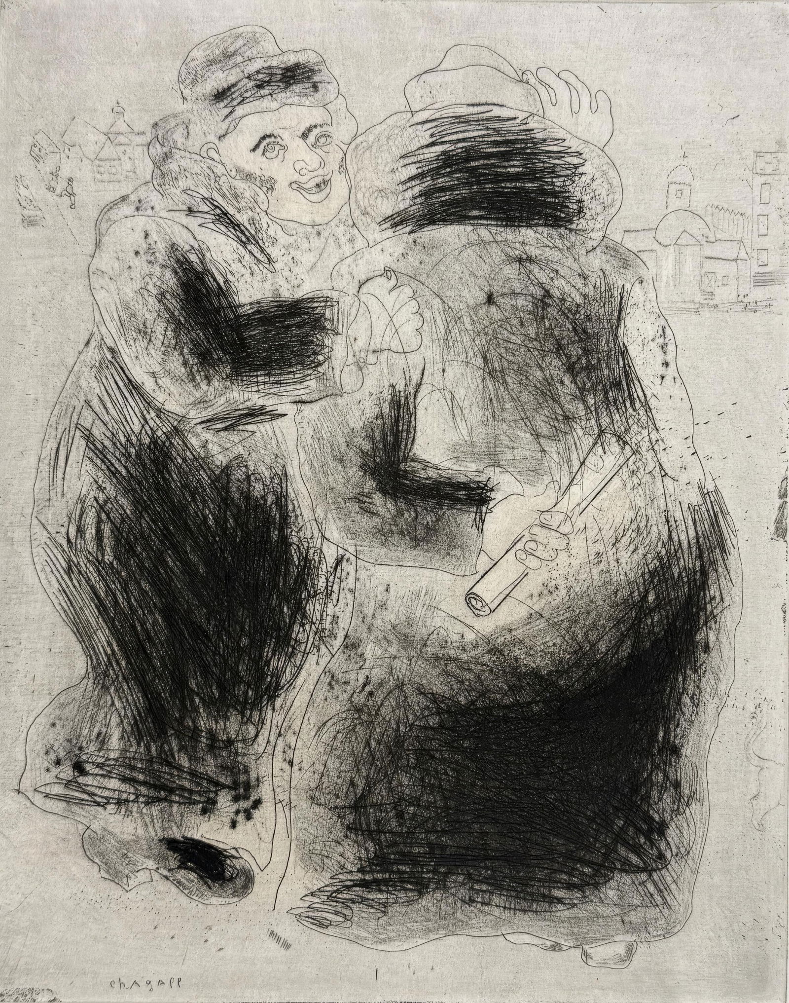 Marc Chagall, The Encounter in a Cloak, from Dead Souls, Limited Edition Etching, 1923-1927: This exquisite etching by Marc Chagall (1887-1985), titled La rencontre en houppelande (The Encounter in a Cloak), originates from the celebrated folio Nicolas Gogol, Les Ames mortes, Eaux-fortes orig