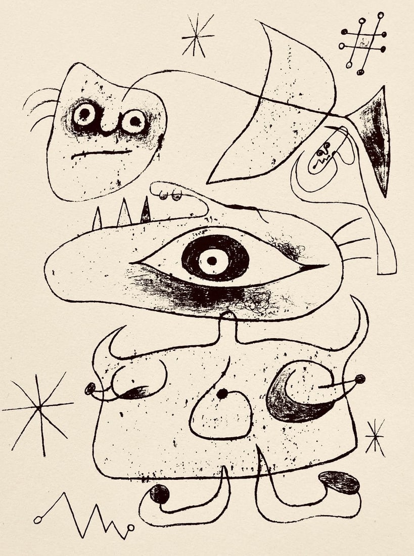 Joan Miro, Composition, The Prints of Joan Miro, Limited Edition Etching: Etching on velin paper. Inscription: Unsigned and unnumbered, as issued. Paper Size: 11 x 8.5 inches. Excellent condition. Notes: From the folio, The Prints of Joan Miro, Fall, 1947. Published by Curt