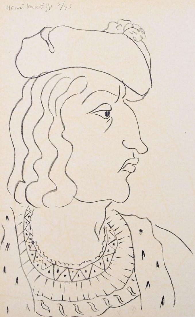 Henri Matisse, Charles d'Orleans, Portraits par Henri Matisse, Limited Edition Heliogravure: Heliogravure on velin paper, mounted on velin paper backing sheet, as issued. Paper Size: 12 x 9.25 inches; image size: 9.05 x 5.51 inches. Inscription: Signed in the plate and unnumbered, as issued.