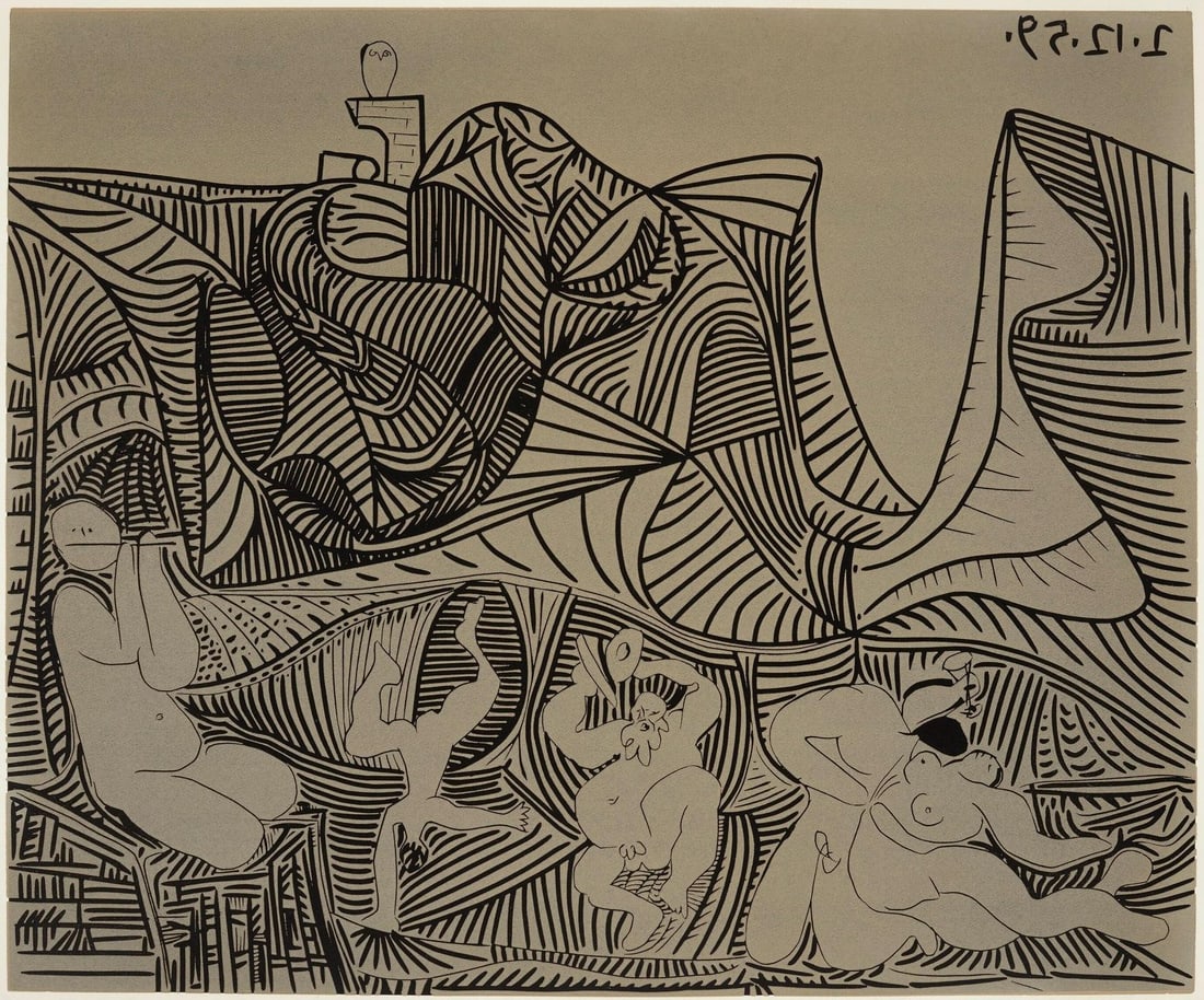 Pablo Picasso, Bacchanale au hibou (Orozco 214), Grabados al linoleo, Limited Edition Linocut: Linocut on velin paper. Paper Size: 12.5 x 14.5 inches; image size: 10.5 x 12.75 inches. Inscription: Unsigned and unnumbered, as issued. Catalogue raisonne reference: Orozco, M. (2018). Picasso. 70 y