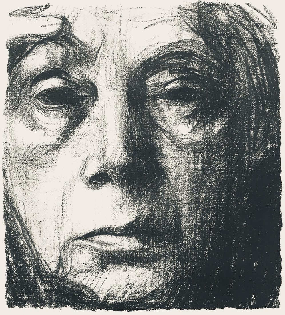 Kathe Kollwitz, Self-Portrait (Selbstbildnis), Limited Edition Lithograph: Lithograph on velin paper. Paper size: 19 x 16 inches. Excellent condition, with centerfold, as issued. Unsigned and unnumbered, as issued. Notes: From the folio, Kathe Kollwitz, Ten Lithographs, 1941
