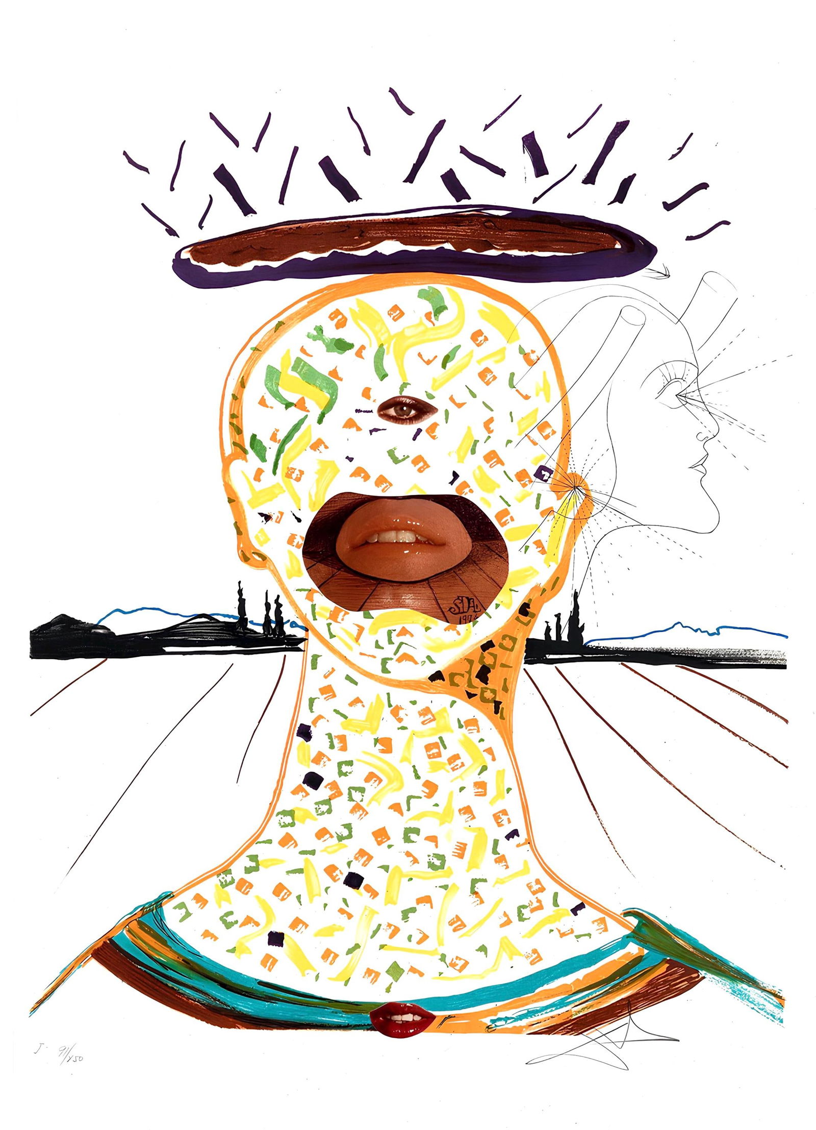 Salvador Dali, Maquillage cyclopeen (M/L 822-831; Field 75-13), Imaginations et Objets du Futur,: Lithograph, silkscreen, drypoint, and collage on velin de Rives BFK paper. Paper Size: 28.5 x 21 inches. Inscription: hand signed and numbered, as issued. Catalogue raisonne references: Dali, Salvador