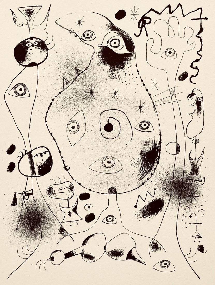Joan Miro, Composition, The Prints of Joan Miro, Limited Edition Etching: Etching on velin paper. Inscription: Unsigned and unnumbered, as issued. Paper Size: 11 x 8.5 inches. Excellent condition. Notes: From the folio, The Prints of Joan Miro, Fall, 1947. Published by Curt