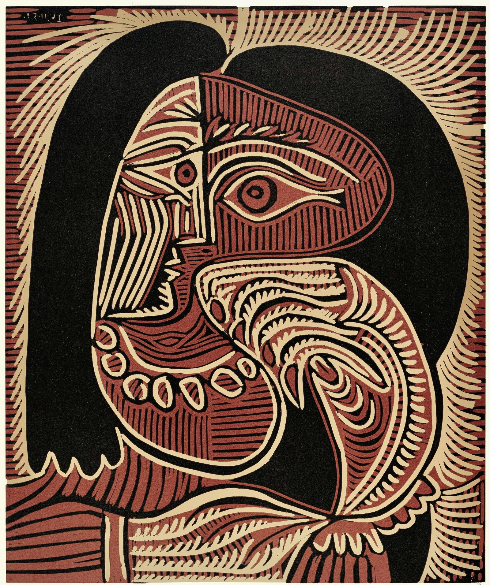 Pablo Picasso, Femme au collier (Orozco 214), Grabados al linoleo, Limited Edition Linocut: Linocut on velin paper. Paper Size: 12.5 x 14.5 inches; image size: 10.5 x 8.75 inches. Inscription: Unsigned and unnumbered, as issued. Catalogue raisonne reference: Orozco, M. (2018). Picasso. 70 ye