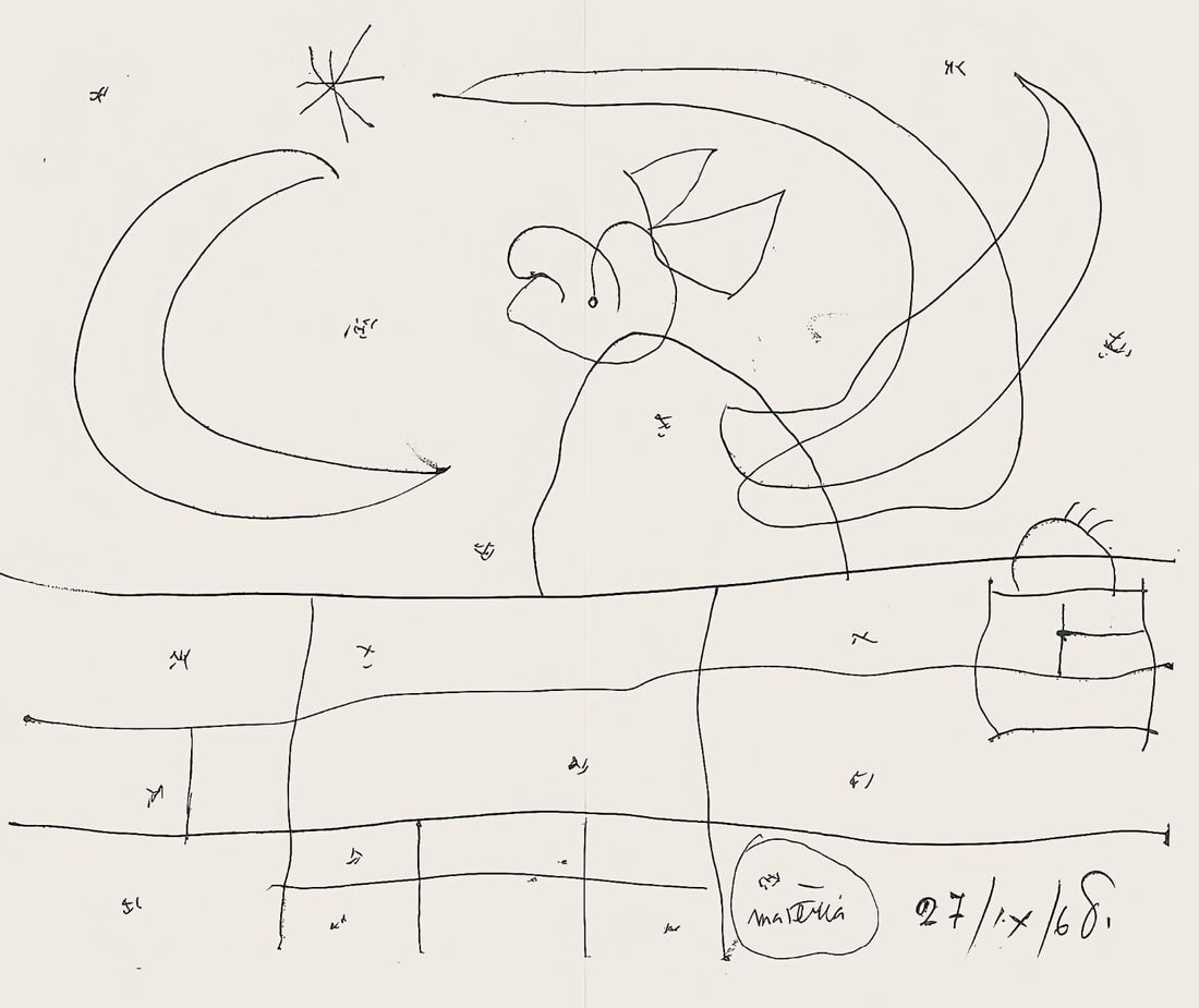 Joan Miro, Composition (Mourlot 872-881; Cramer 164), El tapis de Tarragona, Limited Edition: Lithograph on velin Sarrio paper. Paper size: 11.81 x 17.72 inches. Excellent condition, with centerfold, as issued. Unsigned and unnumbered, as issued. Notes: From the folio, Tapis De Tarragona, il.l