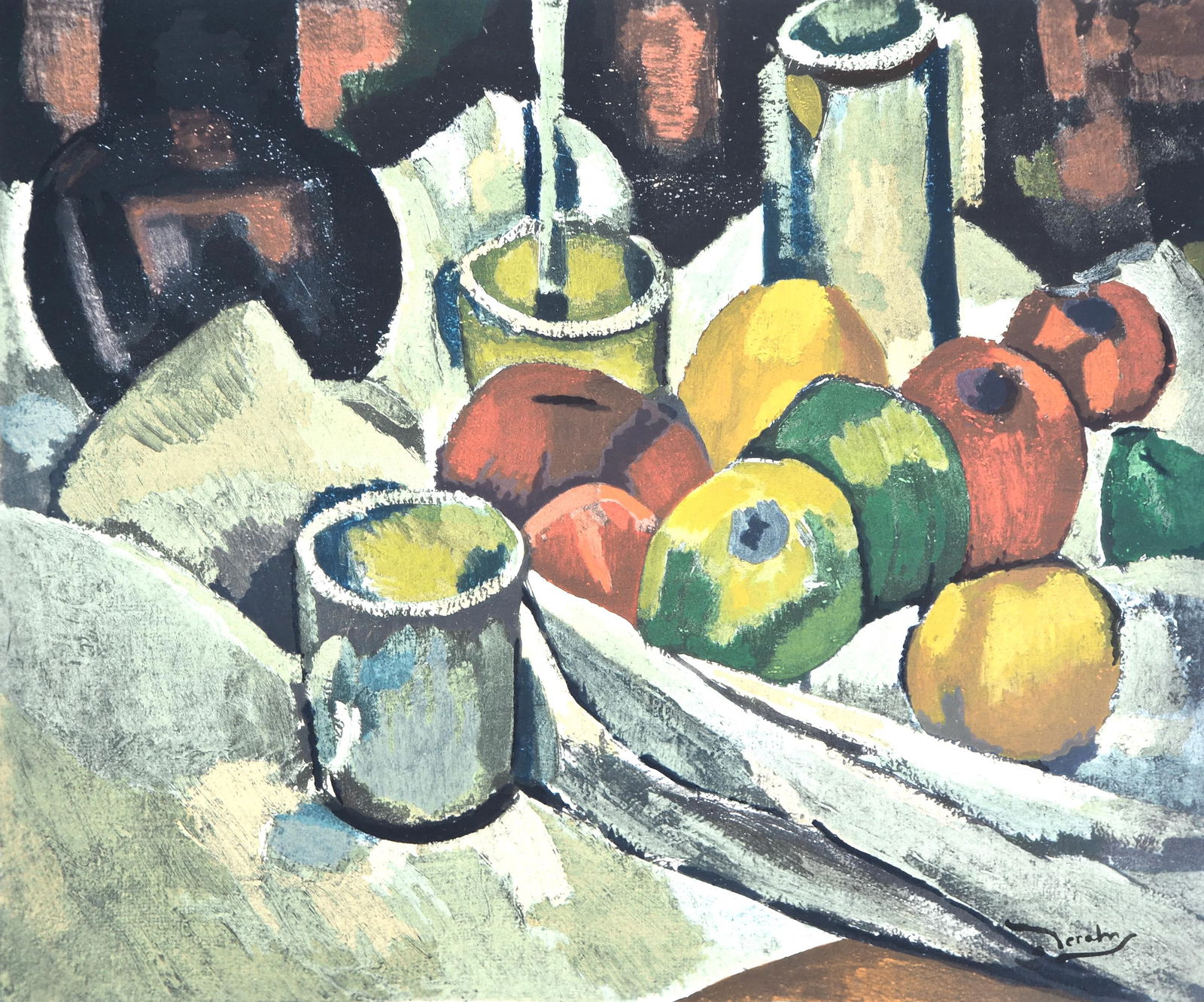 Andre Derain, Nature morte avec des pommes, Andre Derain, 1880-1954, Limited Edition Lithograph and: Lithograph and pochoir on velin d'Arches paper. Paper Size: 20 x 23.75 inches. Inscription: Signed in the plate and unnumbered, as issued. Condition: Very good/excellent, consistent with age. Notes: F