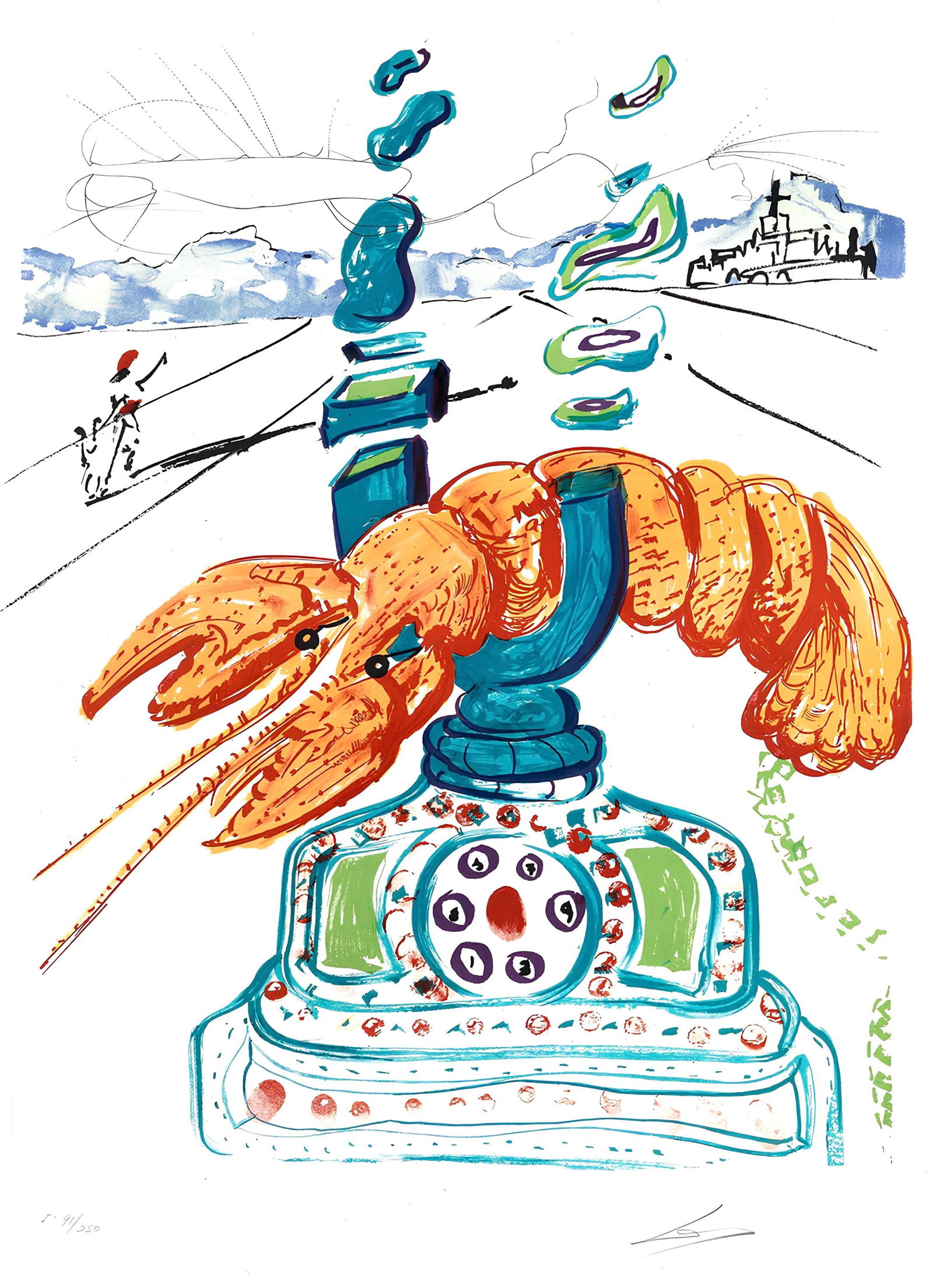 Salvador Dali, Telephone-homard cybernetique (M/L 822-831; Field 75-13), Imaginations et Objets du: Lithograph, silkscreen, drypoint, and collage on velin de Rives BFK paper. Paper Size: 28.5 x 21 inches. Inscription: hand signed and numbered, as issued. Catalogue raisonne references: Dali, Salvador