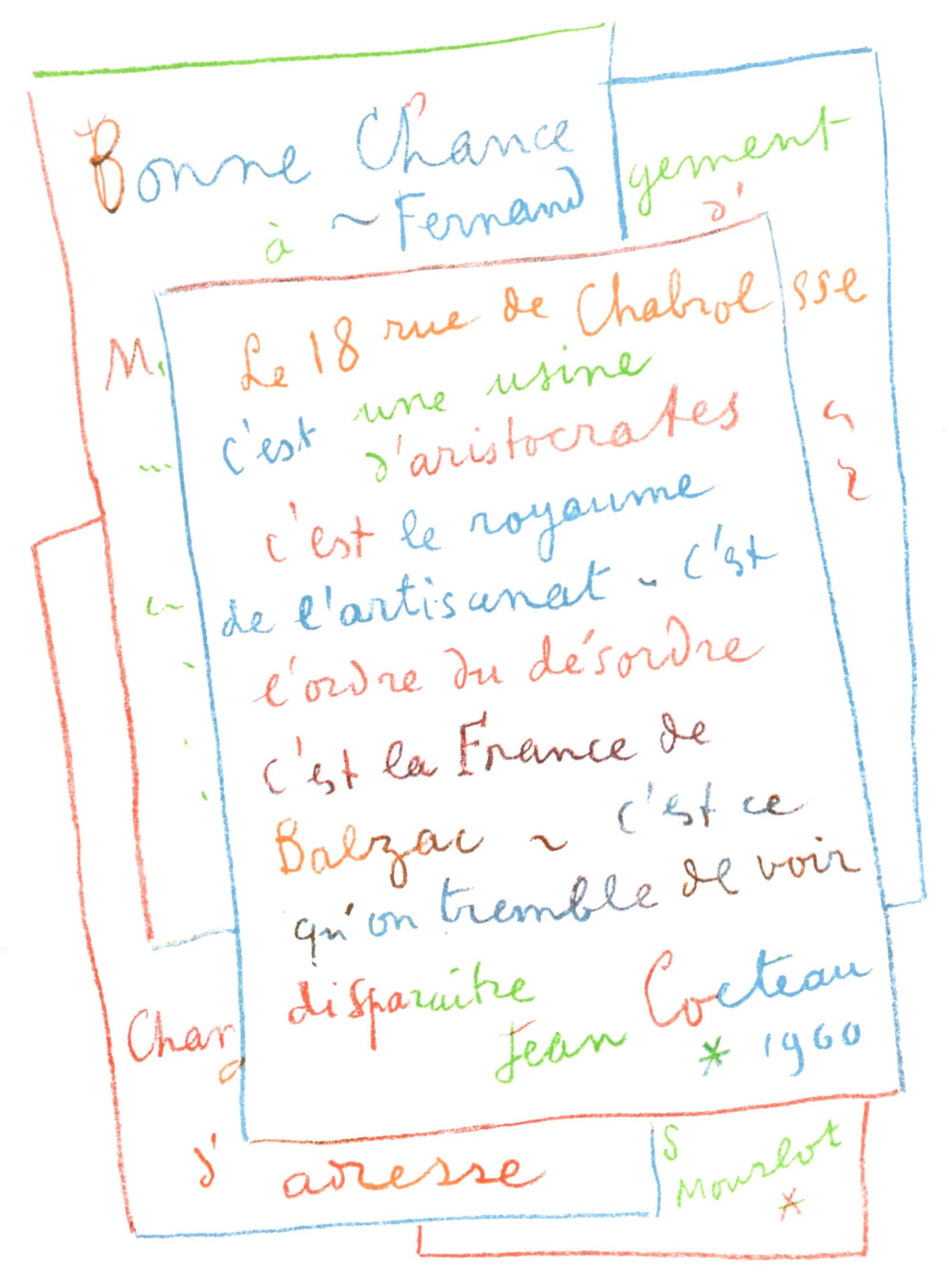 Jean Cocteau, Manuscrit, Souvenirs et Portraits d'Artistes, Limited Edition Lithograph: Lithograph on velin d'Arches paper. Paper Size: 12.81 x 9.81 inches. Inscription: Signed in the plate and unnumbered, as issued. Condition: Very good/excellent, consistent with age. Notes: From the al