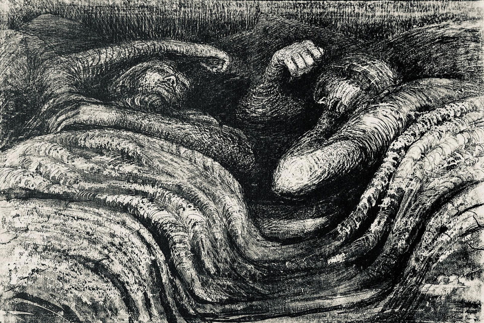 Henry Moore, Two Sleeping Shelterers, The Drawings of Henry Moore, Limited Edition Lithograph: Lithograph on velin paper. Paper size: 12.5 x 13.5 inches. Excellent condition. Unsigned and unnumbered, as issued. Notes: From the folio, The Drawings of Henry Moore, 1946. Published by Curt Valentin