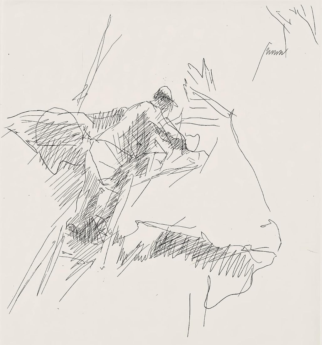 Jacques Villon, Composition (Ginestet/Pouillon 42-64), Hesiode, Les Travaux et les Jours, Limited: Etching on velin de Rives paper. Paper size: 15.75 x 12 inches. Excellent condition. Unsigned and unnumbered, as issued. Notes: From the folio, Hesiode, Les Travaux et les jours. Eaux-fortes de Jacque