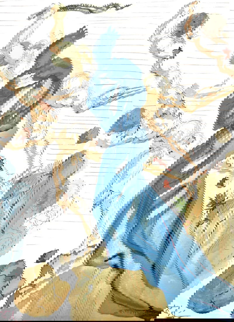 Salvador Dali, Holle XV (Michler/Lopsinger 1039-1138; Field 189-200), Die Gottliche Komodie, Signed,: Woodcut in colors on velin de Rives BFK paper, mounted on velin d'Arches support, as issued. Paper size: 13 x 10.375 inches. Inscription: Signed in the block, and unnumbered, as issued. Catalogue