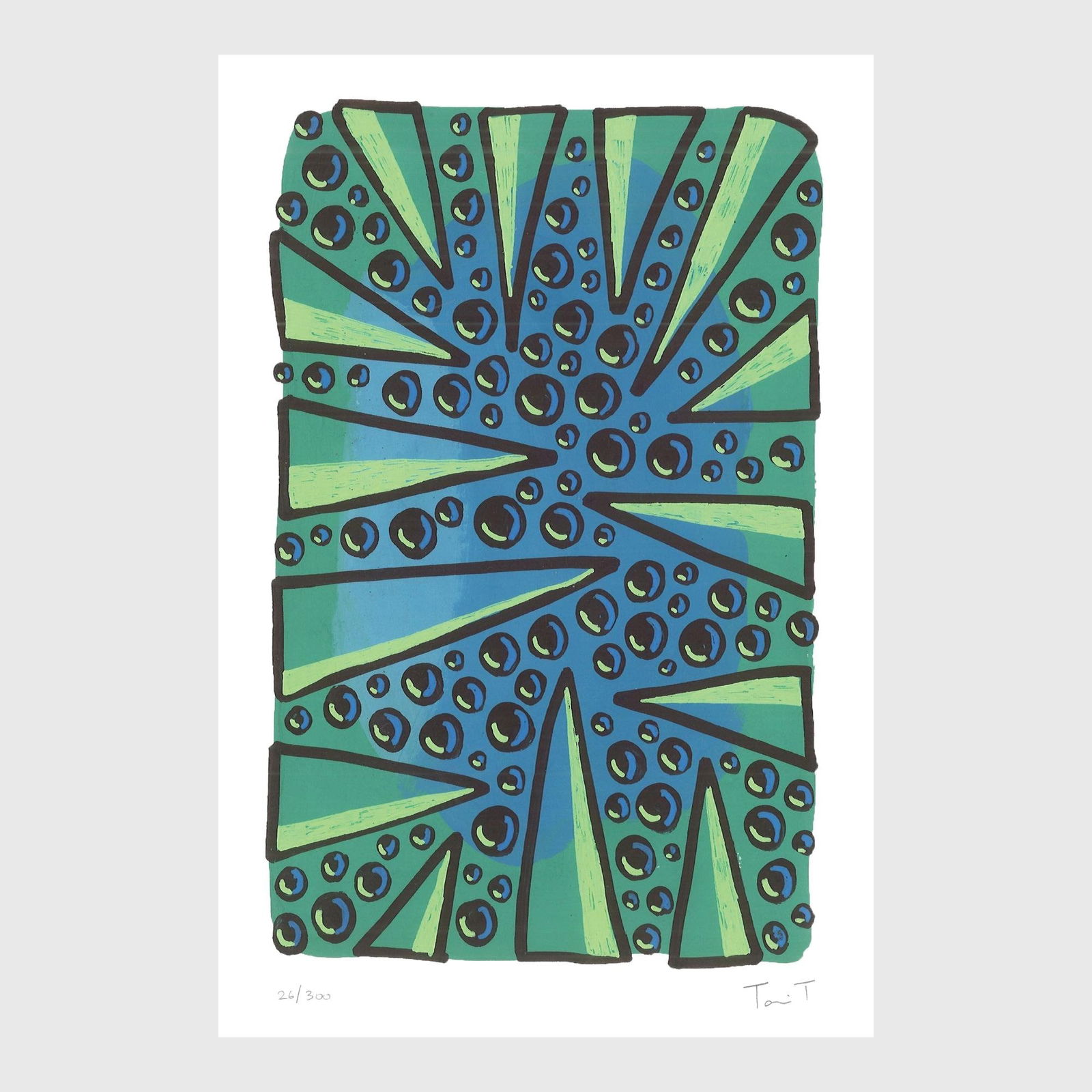 Blue & Green Drops with Dots: Artist: Tanvi Thakur (1996) Title: Blue & Green Drops with Dots, Drops With Dots Series Year: 2025 Medium: Archival Pigment Print on Paper Edition: 300 Size: 8 x 12 inches Inscription: Signed and numb
