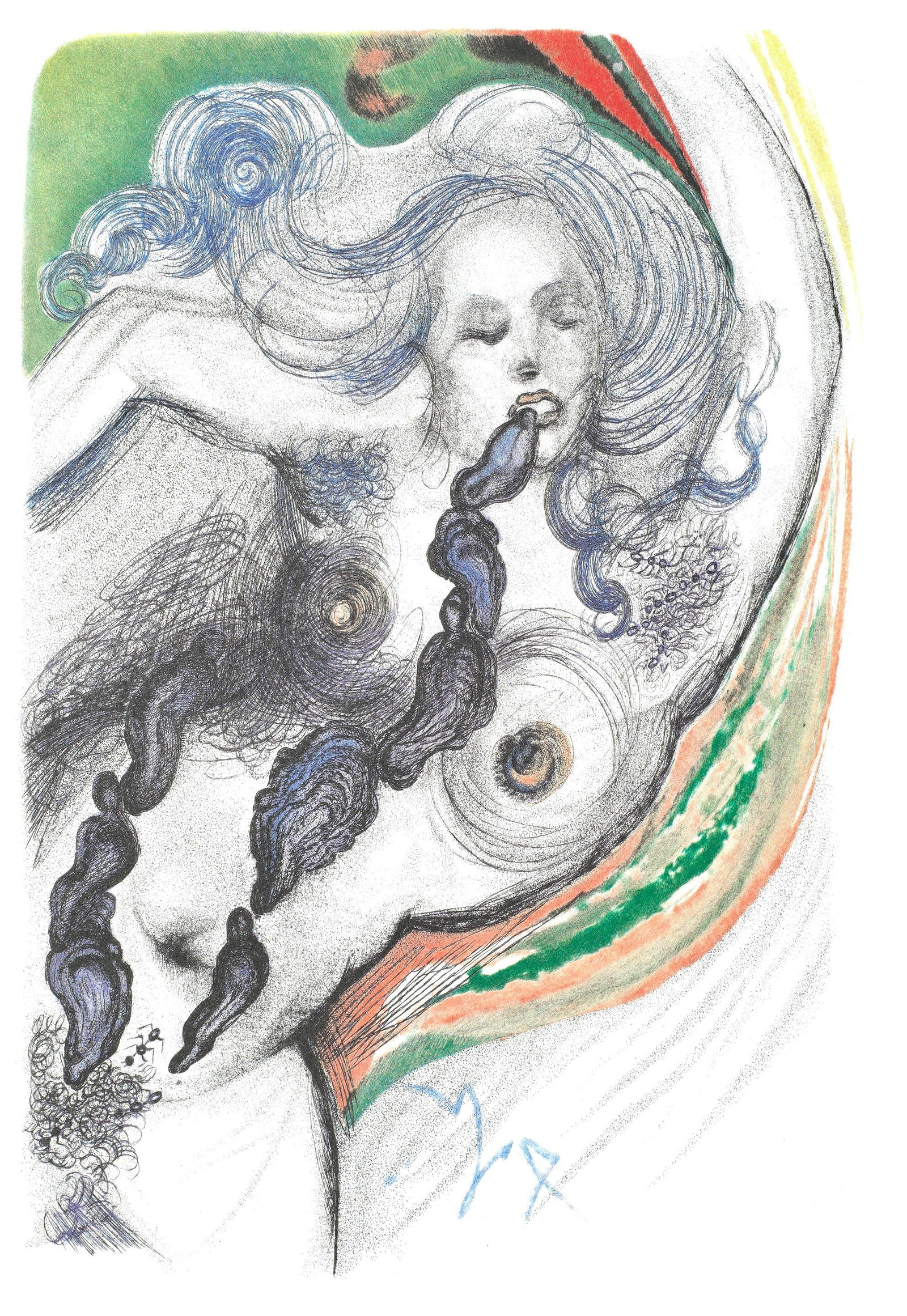 Salvador Dali, Composition (Field 67-4; M/L 174-187), Dali illustre Casanova, Limited Edition: Etching in colors on velin pur chiffon de Rives paper. Paper Size: 14.875 x 11.25 inches. Excellent condition. Signed in the plate and unnumbered, as issued. Notes: From the folio, Dali­ illustre Cas