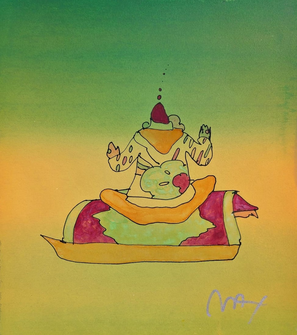 Peter Max, Magic Carpet Ride, Hand Signed, Mixed Media Watercolor and Silkscreen Painting: Watercolor and silkscreen on Fabriano velin paper. Paper size: 13.75 x 12 inches. Inscription: Hand signed in ink, as issued. Condition: Excellent. Notes: Published, printed, and painted by Peter Max,
