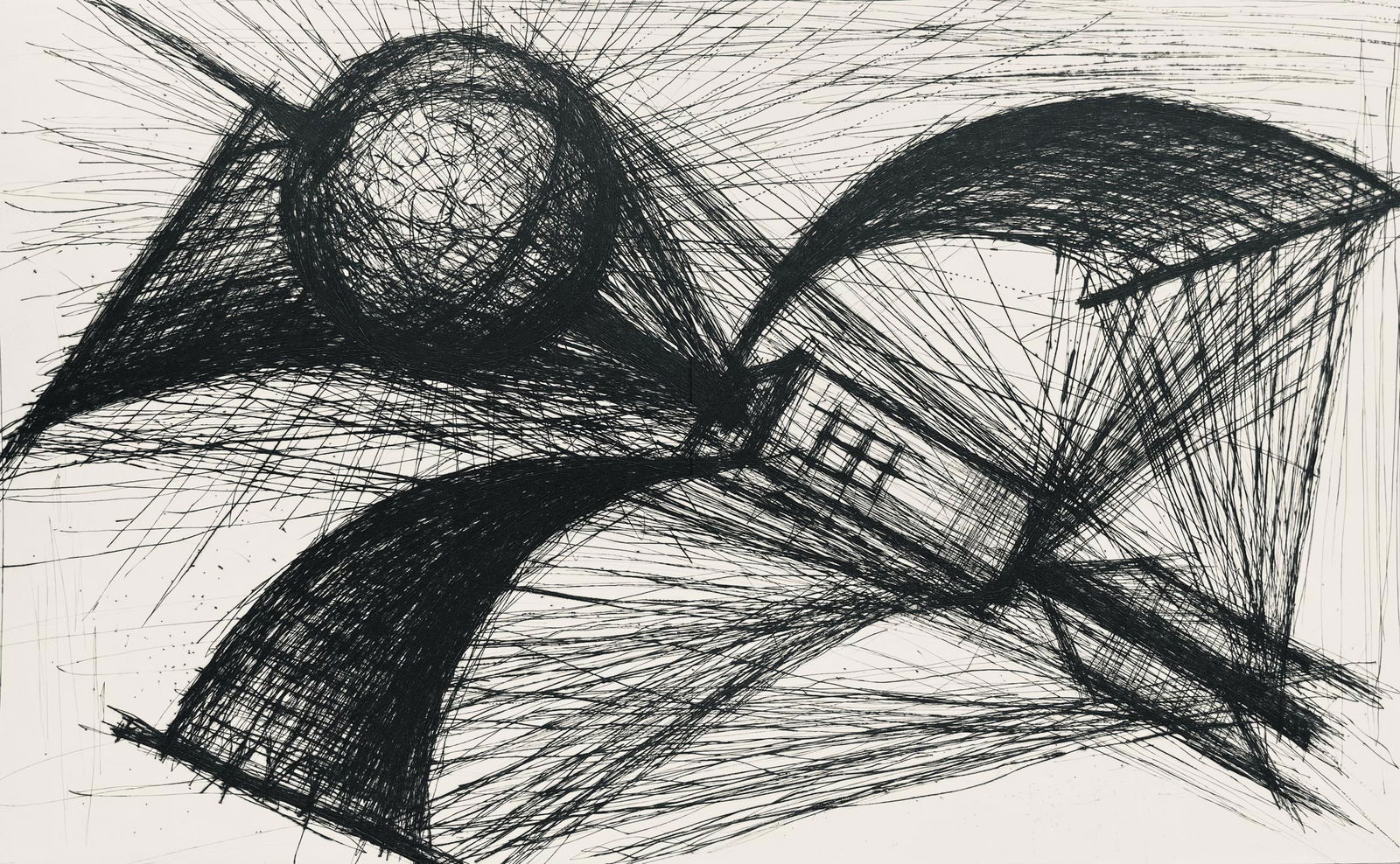 Bernard Buffet, Composition (Reinz 208-222), Voyages Fantastiques, Limited Edition Etching: Drypoint etching on papier de Rives B.F.K. pur fil paper. Paper size: 16.125 x 25.75 inches. Excellent condition, with centerfold, as issued. Unsigned and unnumbered, as issued. Notes: From the folio,