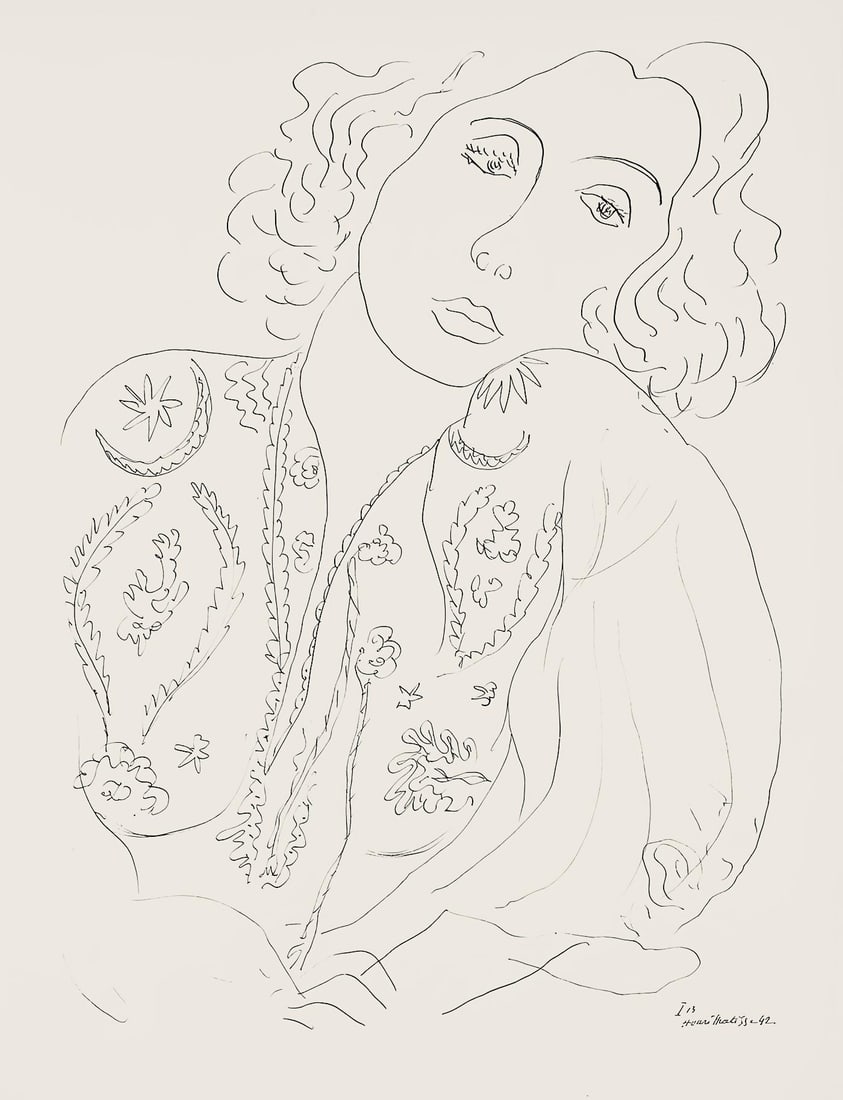 Henri Matisse, Serie I, var. 13 (Duthuit 9), Henri Matisse, Dessins, Themes et variations, Limited: Lithograph on velin pur fil paper. Paper Size: 12.875 x 9.625 inches. Excellent condition. Inscription: Signed in the plate and unnumbered, as issued. Notes: From the folio, Henri Matisse, Dessins, Th