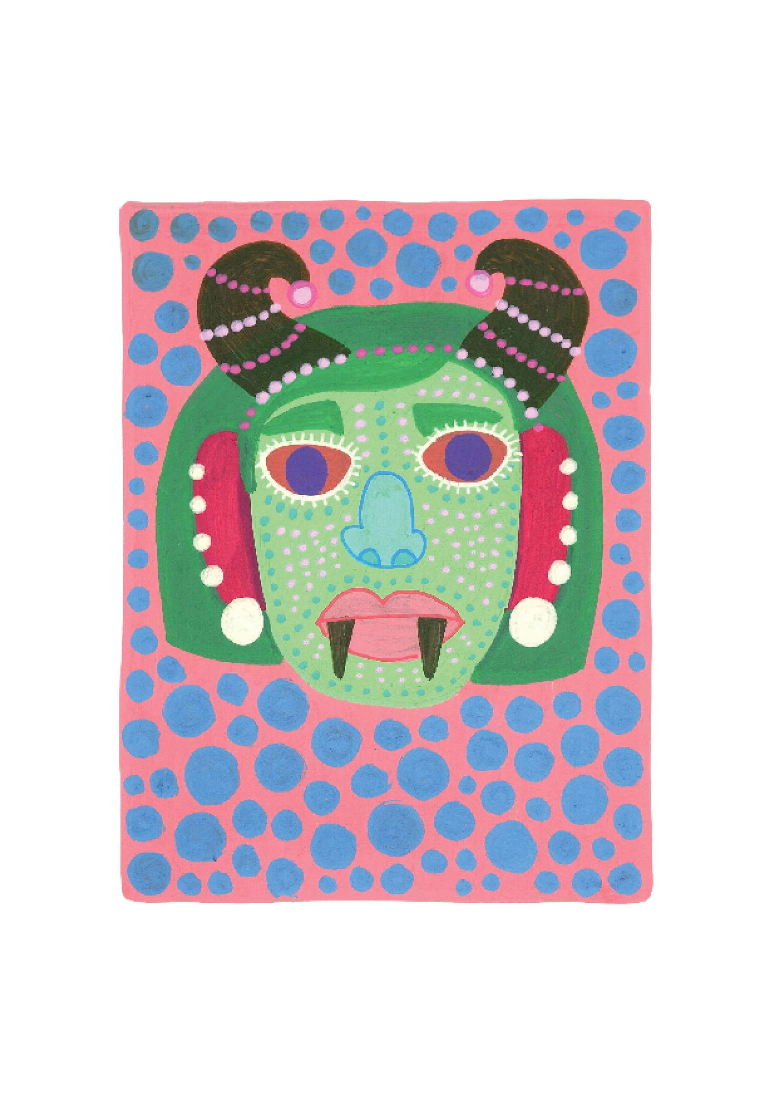 Evil Eye Mask 27: Inspired by the South Indian Drishti Bommai mask; a protective talisman traditionally represented as a doll; this artwork draws from a visual language widely seen across South India. These figures are