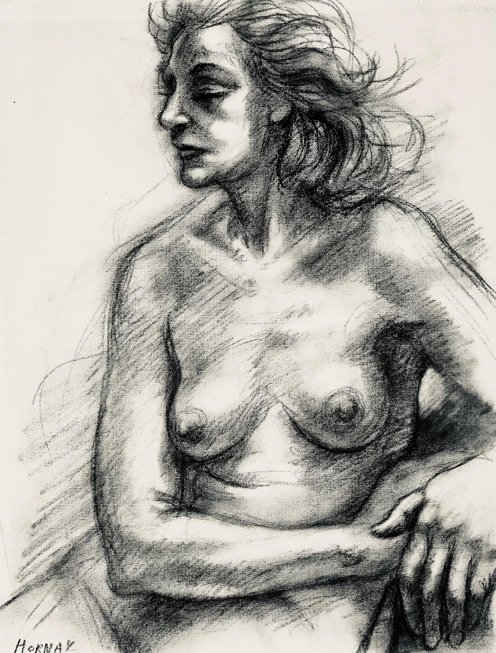 Ian Hornak, Renaissance Female Nude Figure Study, 1963, Original Drawing: Charcoal on velin paper, circa 1963. Paper Size: 23 x 18 inches. Good condition, consistent with age. Inscription: Unsigned, Estate stamped, verso. Provenance: Estate of Ian Hornak, East Hampton. Note