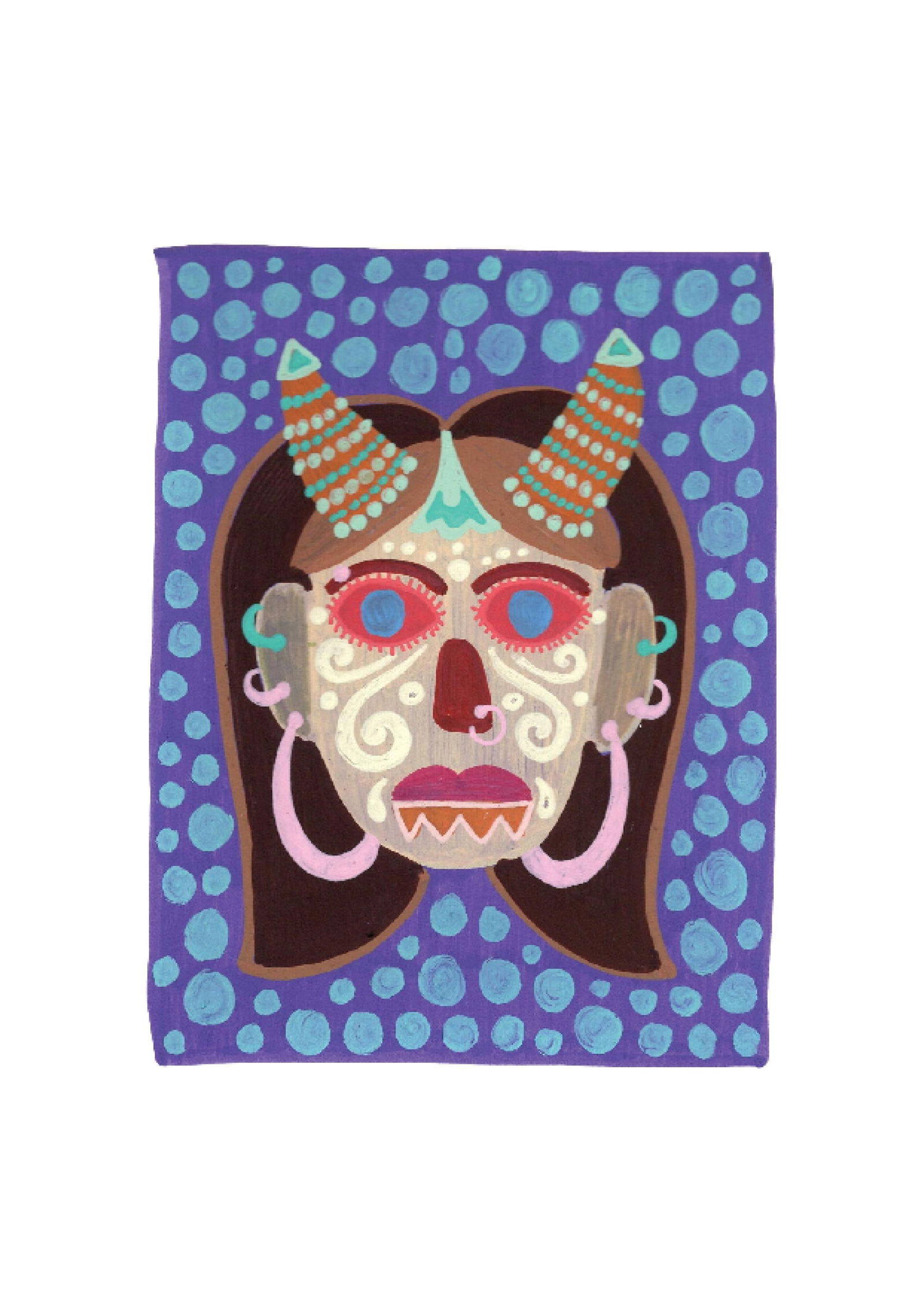 Evil Eye Mask 12: Inspired by the South Indian Drishti Bommai mask; a protective talisman traditionally represented as a doll; this artwork draws from a visual language widely seen across South India. These figures are