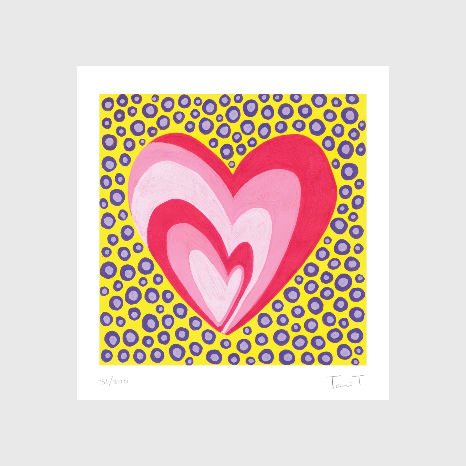 Valentines Day Pink Heart Art Print, (Signed, Limited Edition): Artist: Tanvi Thakur (1996) Title: Pink Love, Hearts with Dots Series Year: 2026 Medium: Archival Pigment Print on Paper Edition: 300 Size: 7 x 7.5 inches Inscription: Signed and numbered by the artis