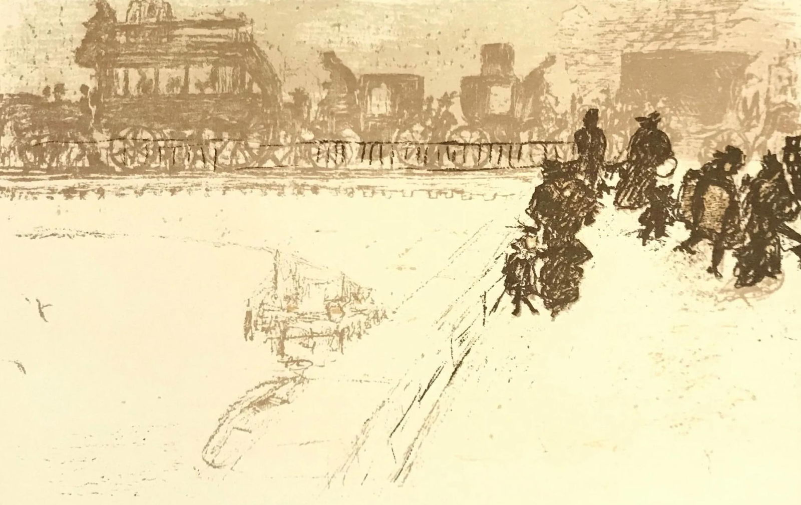 Pierre Bonnard, Le Pont des Arts, Bonnard Lithographe, Limited Edition Lithograph: Lithograph on grand velin Renage filigrane a la marque de l'editeur paper. Inscription: Unsigned and unnumbered, as issued. Paper Size: 9.5 x 12.5 inches; image size: 7.08 x 11.02 inches. Excellent co