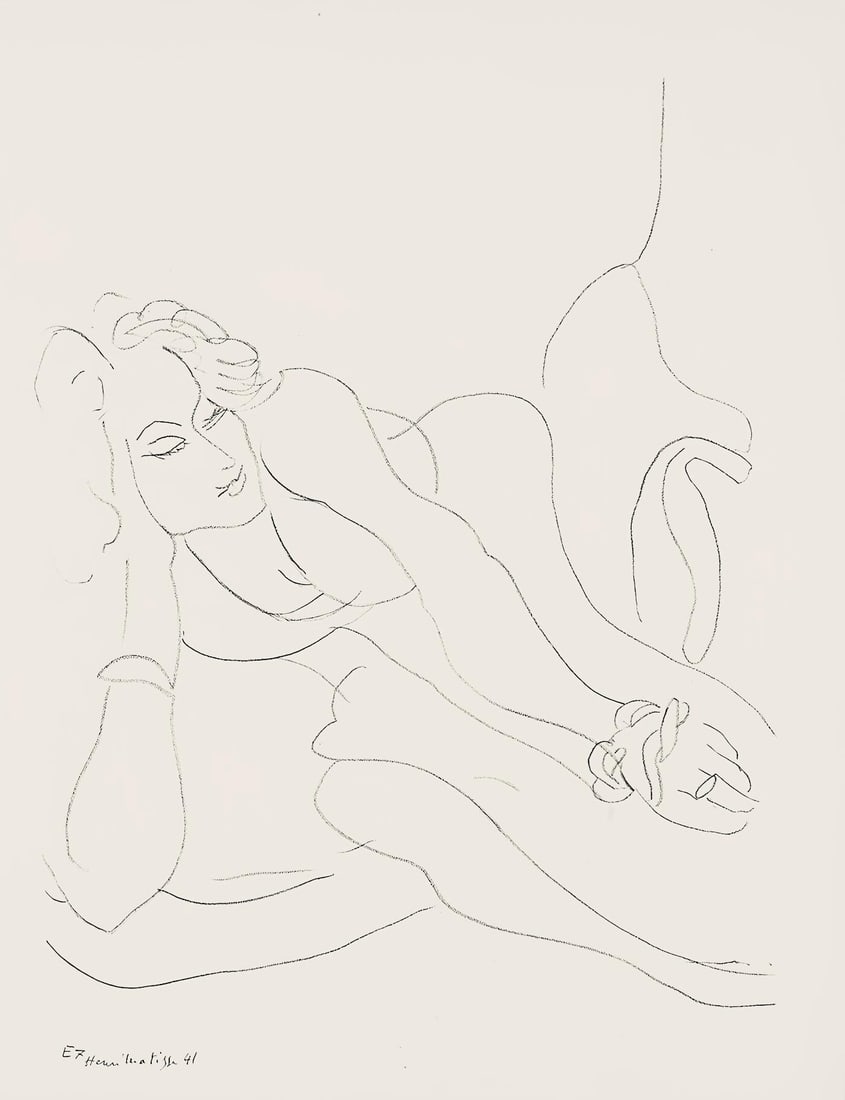 Henri Matisse, Serie E, var. 7 (Duthuit 9), Henri Matisse, Dessins, Themes et variations, Limited: Lithograph on velin pur fil paper. Paper Size: 12.875 x 9.625 inches. Excellent condition. Inscription: Signed in the plate and unnumbered, as issued. Notes: From the folio, Henri Matisse, Dessins,