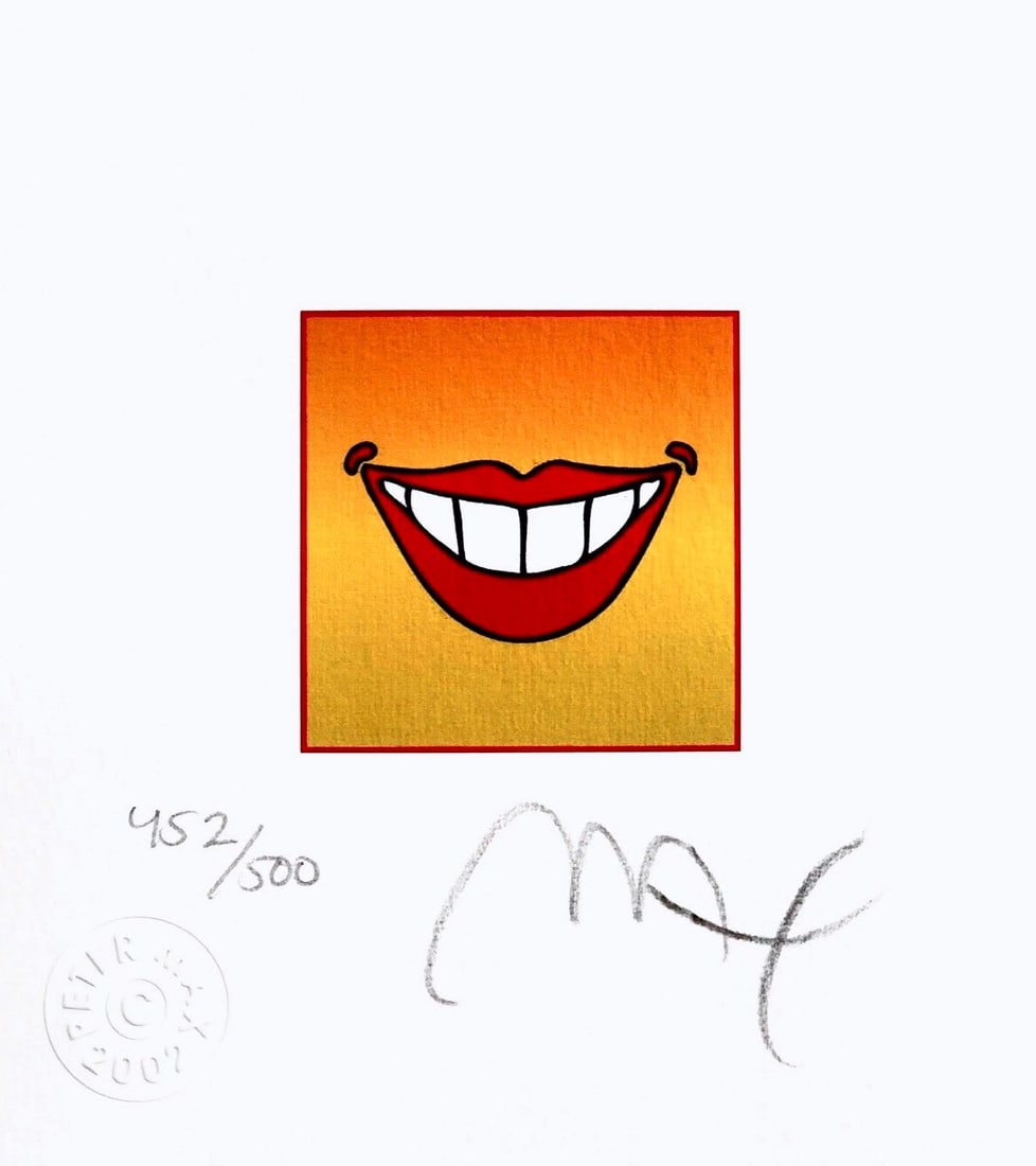 Peter Max, Smile, Hand Signed, Official Limited Edition Lithograph: Lithograph in colors on Lustro Saxony paper. Paper size: 4.87 x 4.5 inches. Inscription: Hand signed by Peter Max and numbered, as issued. Condition: Excellent. Notes: Published and printed by Via Max