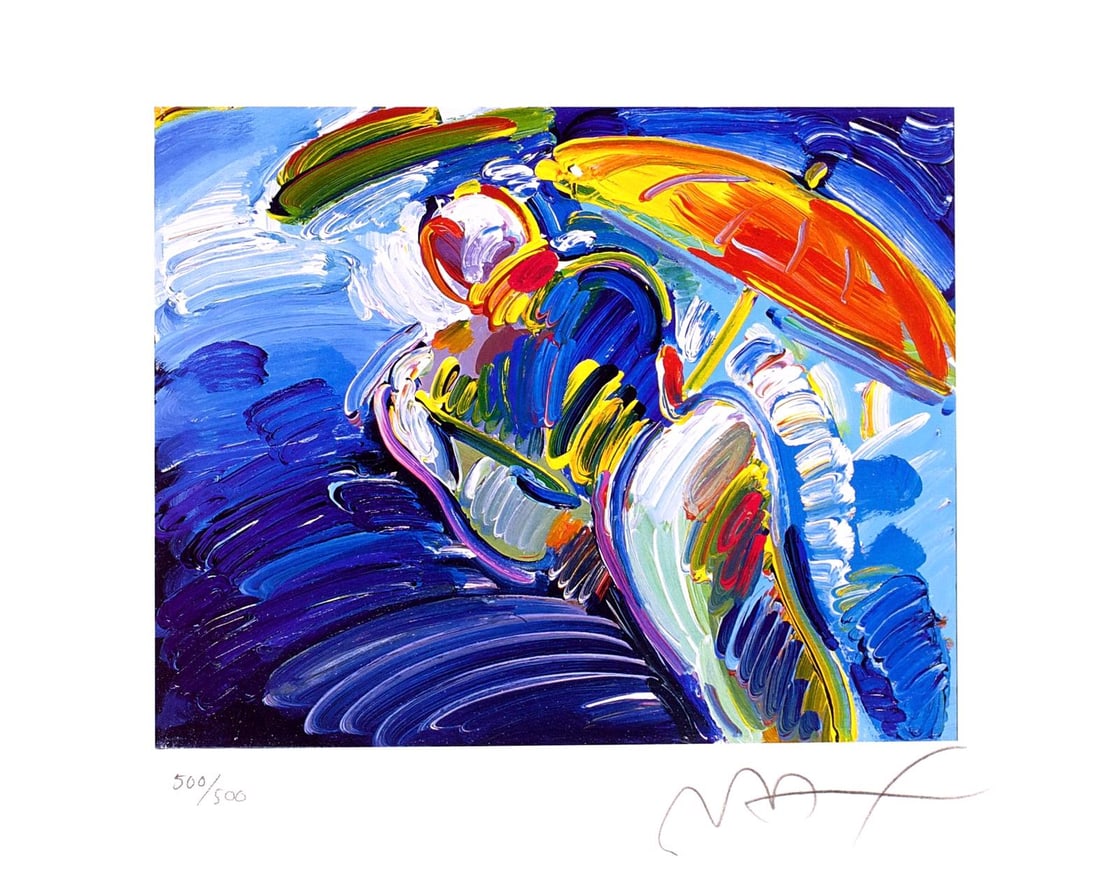 Peter Max, Abstract Figure With Umbrella, Hand Signed, Official Limited Edition Lithograph: Lithograph in colors on archival paper. Paper size: 9 x 11 inches. Inscription: Hand signed by Peter Max and numbered, as issued. Condition: Excellent. Notes: Published and printed by Via Max, Inc., N