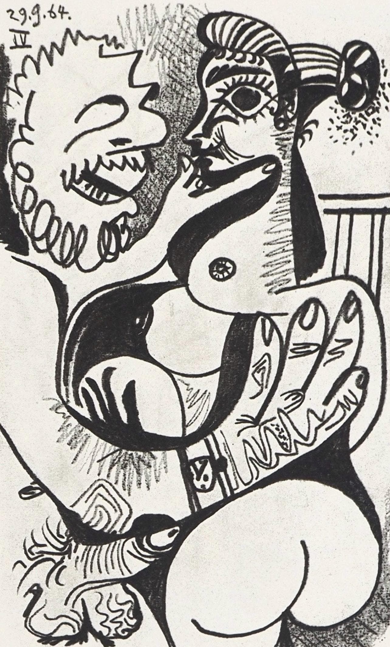 Pablo Picasso, 29.9.64. IV (Cramer 148), Le Gout du Bonheur, Limited Edition Mixed Media Lithograph: Lithograph and silkscreen with grease crayon, lithographic tusche, lead pencil, charcoal on velin d'Arches paper. Paper size: 12.8 x 9.84 inches. Inscription: Unsigned and unnumbered, as issued. Catal