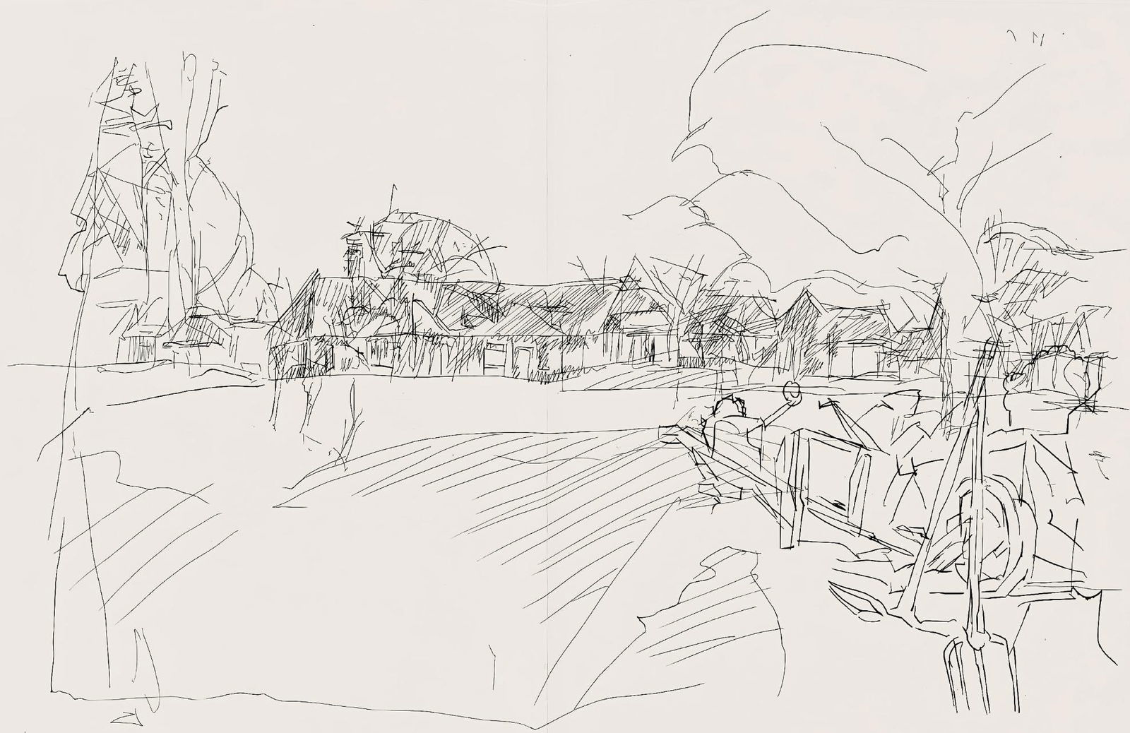 Jacques Villon, Composition (Ginestet/Pouillon 42-64), Hesiode, Les Travaux et les Jours, Limited: Etching on velin de Rives paper. Paper size: 15.75 x 24 inches. Excellent condition, with centerfold, as issued. Unsigned and unnumbered, as issued. Notes: From the folio, Hesiode, Les Travaux et les