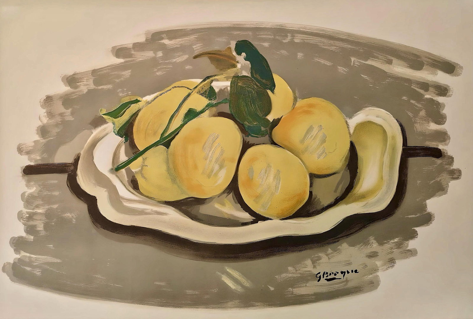 Georges Braque, Corbeille de fruits, Derriere le miroir, Limited Edition Lithograph: Lithograph on velin paper. Paper Size: 15 x 22 inches. Excellent condition, with centerfold, as issued. Inscription: Unsigned and unnumbered, as issued. Notes: From Derriere le miroir, N deg 48-49, 19