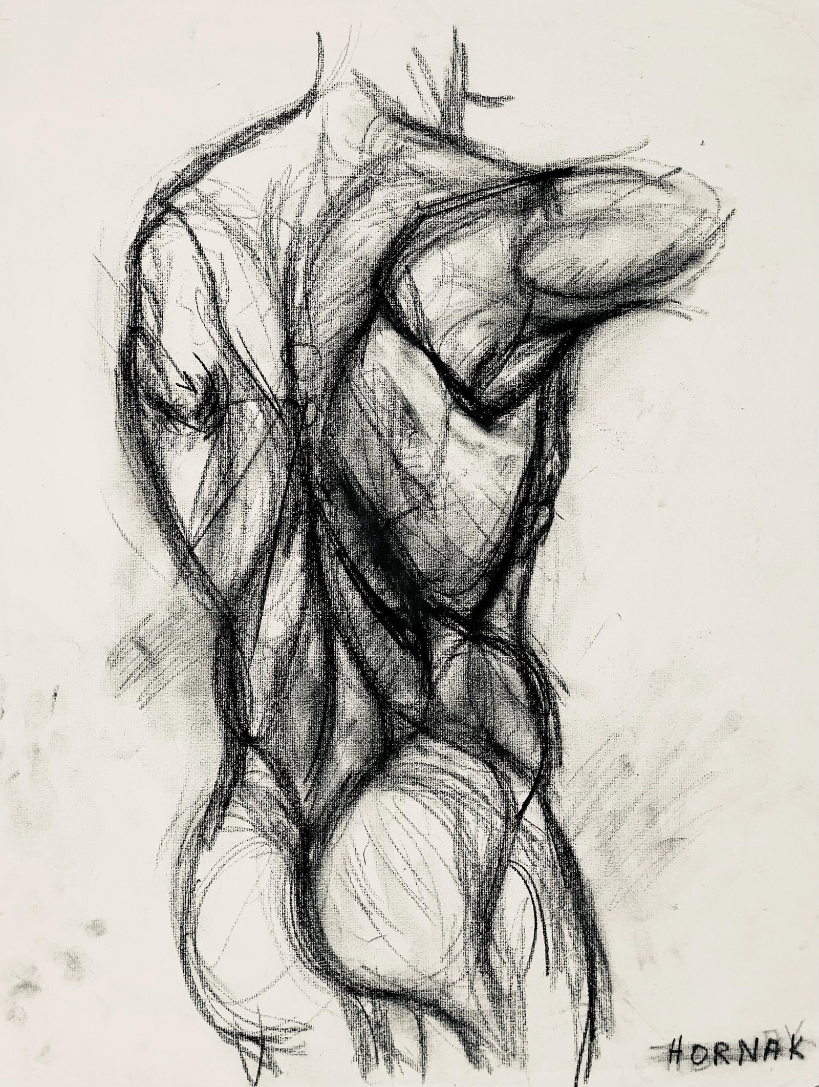 Ian Hornak, Renaissance Male Nude Figure Study, 1963, Original Drawing: Charcoal on velin Strathmore paper, circa 1963. Paper Size: 23 x 18 inches. Good condition, consistent with age. Inscription: Unsigned, Estate stamped, verso. Provenance: Estate of Ian Hornak, East Ha