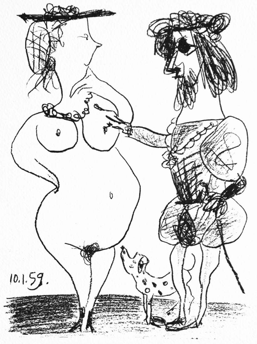 Pablo Picasso, Le seigneur et la dame (M. 322), Souvenirs et Portraits d'Artistes, Limited Edition: Lithograph on velin d'Arches paper. Paper Size: 12.81 x 9.81 inches. Inscription: Unsigned and unnumbered, as issued. Catalogue raisonne references: Picasso, Pablo, et al. Pablo Picasso : Lithograph.