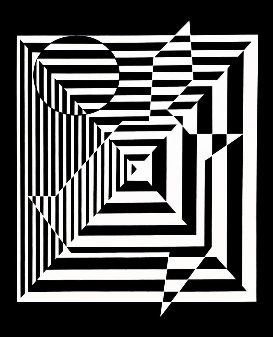 Victor Vasarely, Composition, Lineaires, Limited Edition Heliogravure: Silkscreen on 280 gm M2 gloss paper. Paper Size: 11.61 x 9.25 inches. Excellent condition. Notes: From the folio, Lineaires, 1973. Published and printed by Editions du Griffon, Neuchatel, Switzerland,