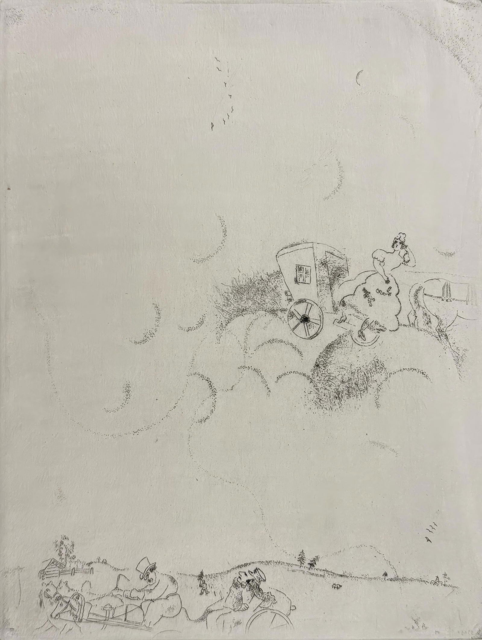 Marc Chagall, The Dreams of Tchitchikov, from Dead Souls, Limited Edition Etching, 1923-1927: This exquisite etching by Marc Chagall (1887-1985), titled Les reves de Tchitchikov (The Dreams of Tchitchikov), originates from the celebrated folio Nicolas Gogol, Les Ames mortes, Eaux-fortes