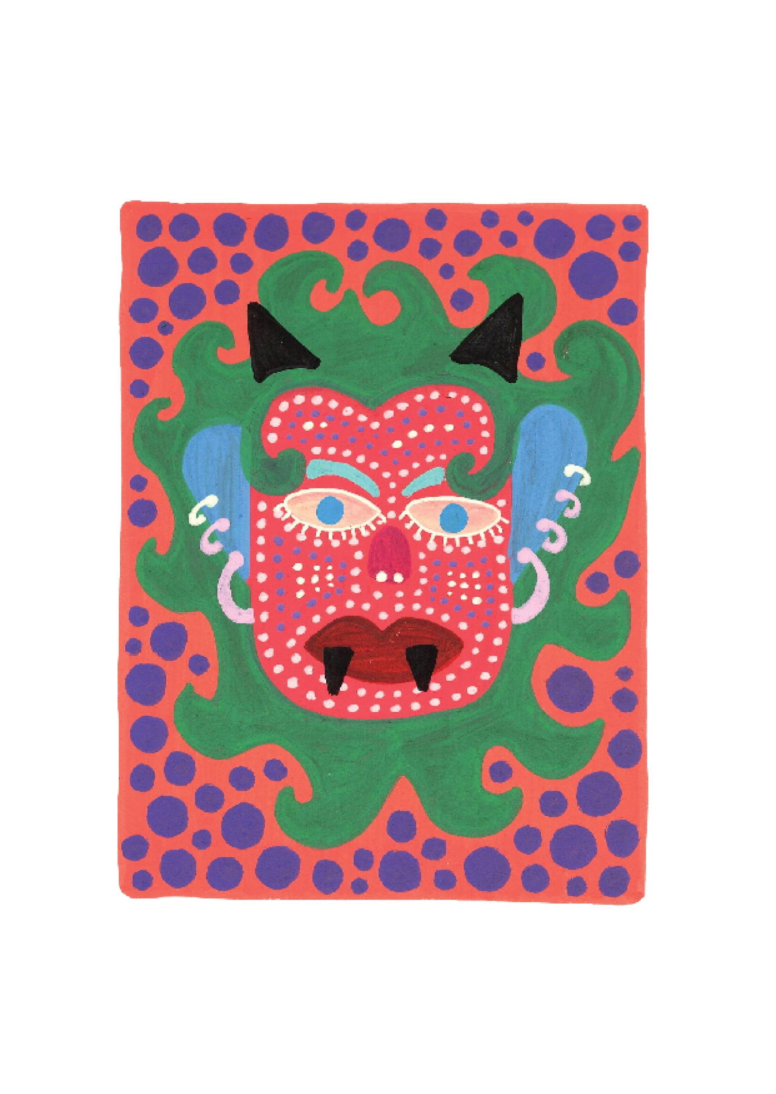 Evil Eye Mask 28: Inspired by the South Indian Drishti Bommai mask; a protective talisman traditionally represented as a doll; this artwork draws from a visual language widely seen across South India. These figures are