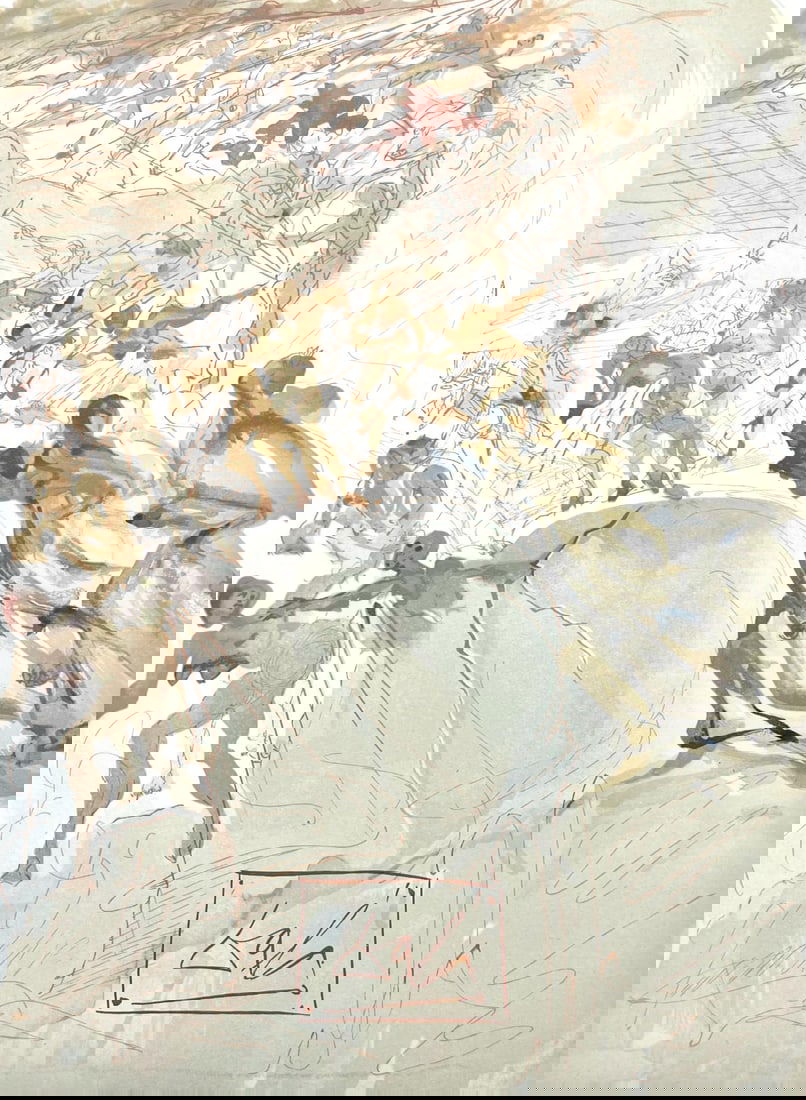 Salvador Dali, Fegefeuer XXV (Michler/Lopsinger 1039-1138; Field 189-200), Die Gottliche Komodie,: Woodcut in colors on velin de Rives BFK paper, mounted on velin d'Arches support, as issued. Paper size: 13 x 10.375 inches. Inscription: Signed in the block, and unnumbered, as issued. Catalogue rais