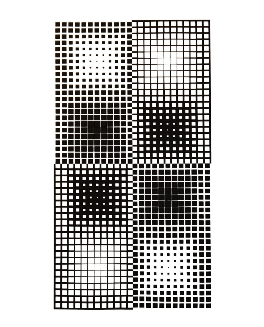 Victor Vasarely, Composition, Corpusculaires, Limited Edition Heliogravure: Heliogravure on 280 gm M2 gloss paper. Paper Size: 11.61 x 9.25 inches. Excellent condition. Notes: From the folio, Corpusculaires, 1973. Published and printed by Editions du Griffon, Neuchatel, Switz