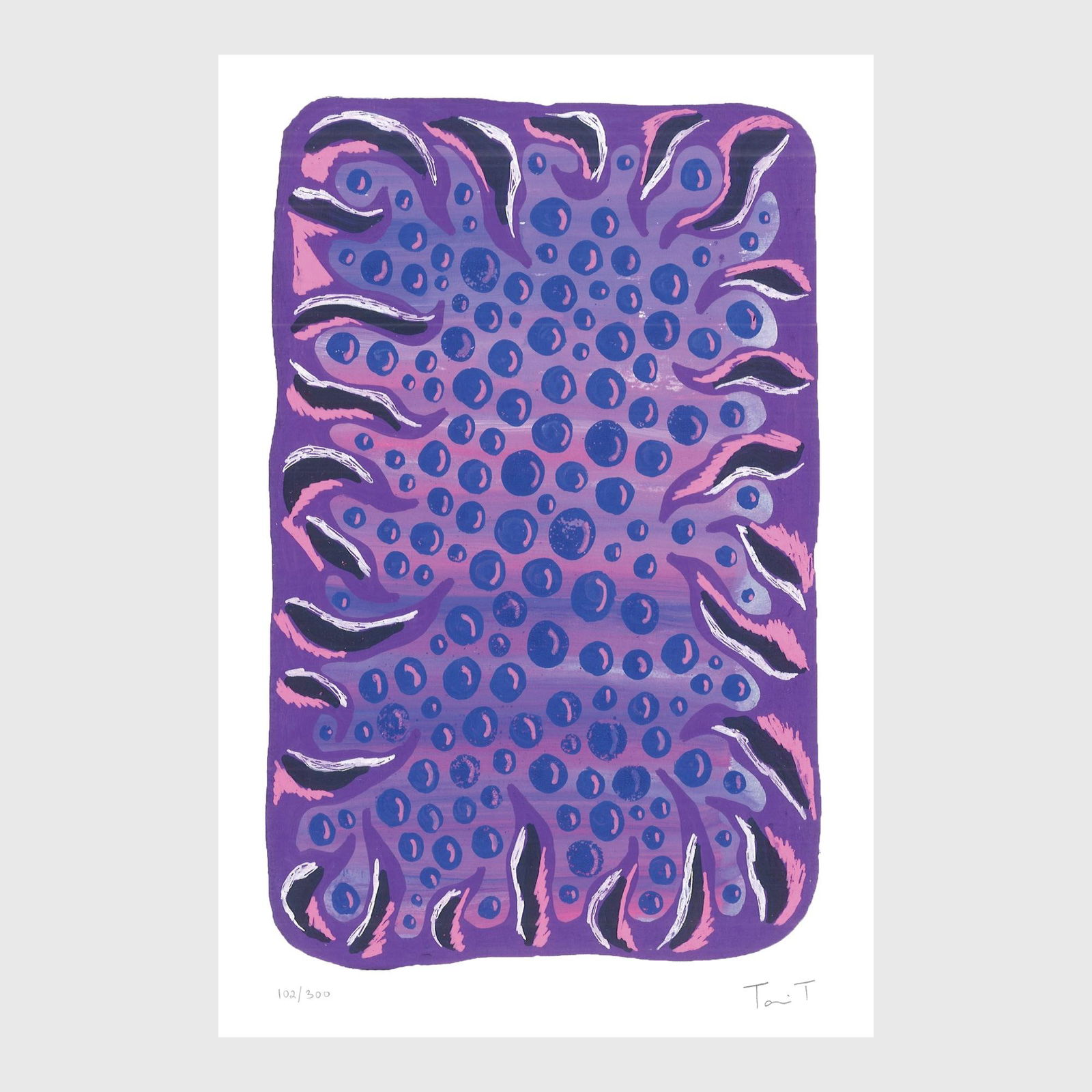 Purple Drops with Blue Dots: Artist: Tanvi Thakur (1996) Title: Purple Drops with Blue Dots, Drops With Dots Series Year: 2025 Medium: Archival Pigment Print on Paper Edition: 300 Size: 8 x 12 inches Inscription: Signed and numbe