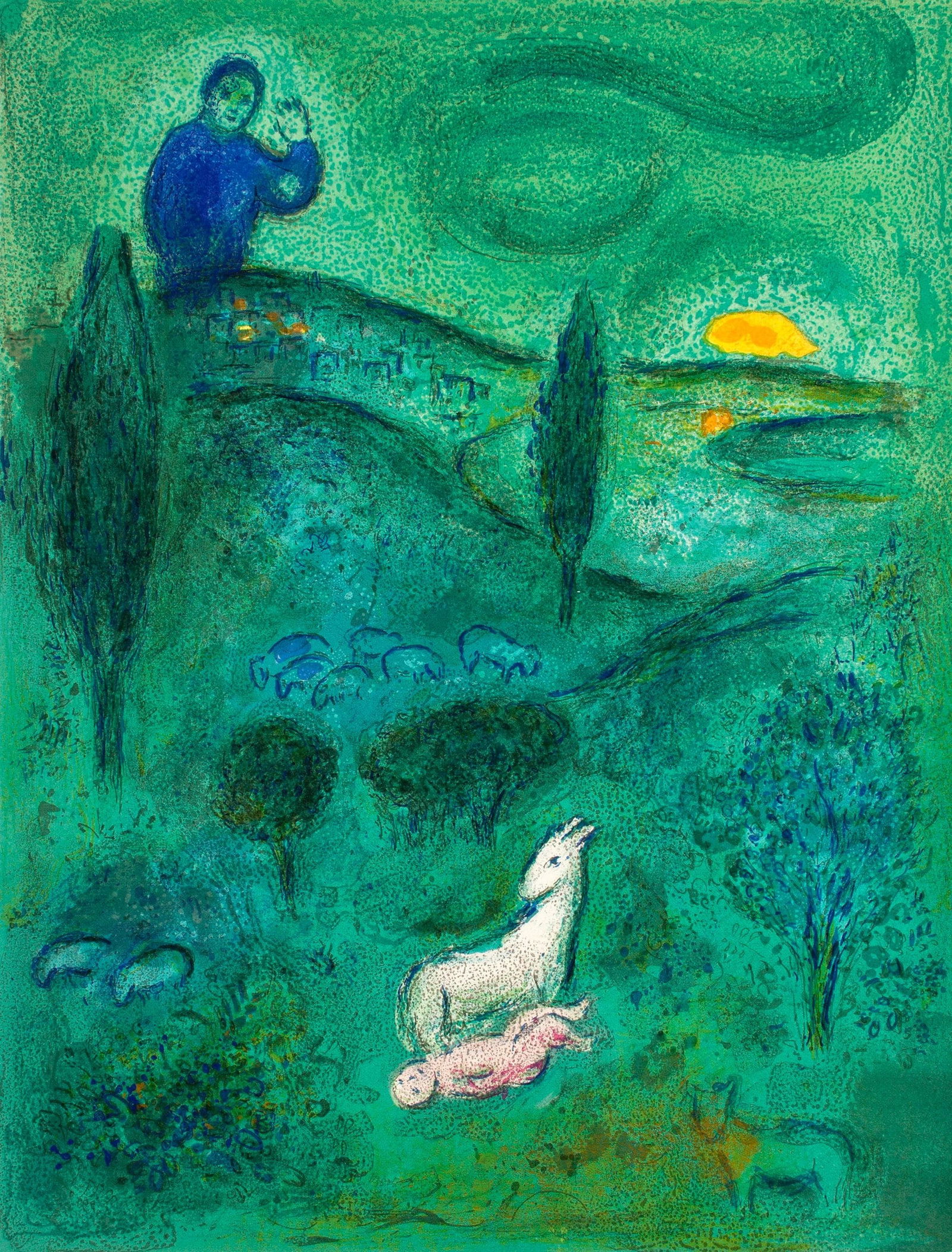 Marc Chagall, Decouverte de Daphnis par Lamon, Daphnis et Chloe, Limited Edition Heliogravure: Heliogravure on velin paper. Paper Size: 12.5 x 9.5 inches. Inscription: Unsigned and unnumbered, as issued. Condition: Very good/excellent, consistent with age. Notes: From the album, Daphnis and Chl