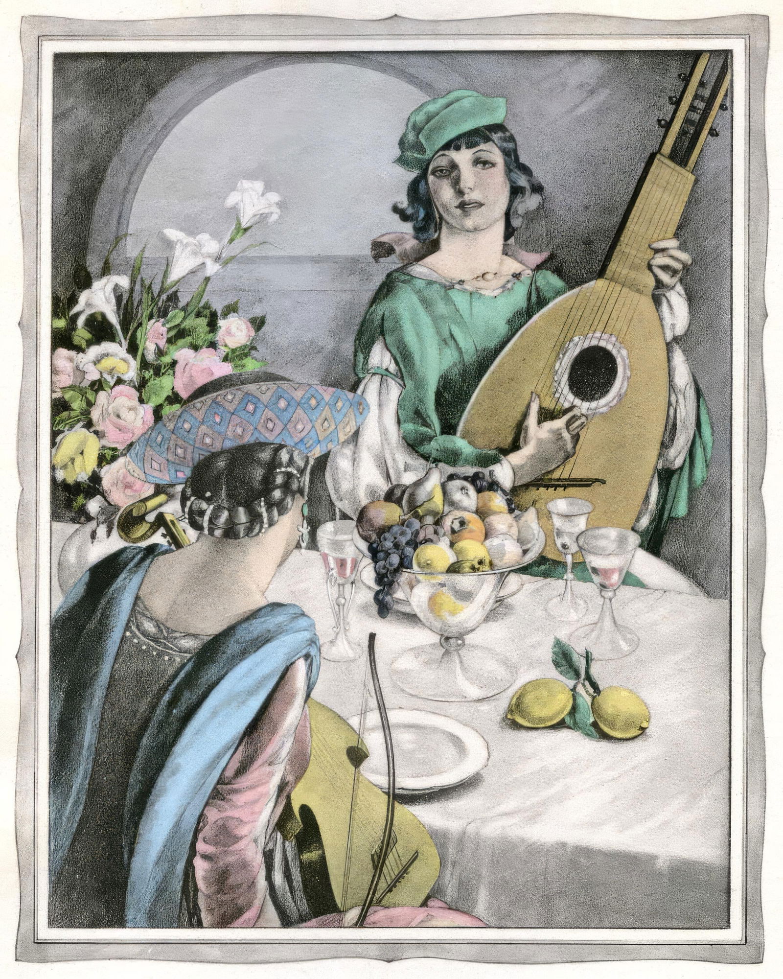 Umberto Brunelleschi, Untitled, from The Tales of Boccaccio, Limited Edition Lithograph and Pochoir,: This exquisite lithograph and pochoir by Umberto Brunelleschi (1879-1949), titled Sans titre (Untitled), originates from the celebrated album Les contes de Boccace (The Tales of Boccaccio), published