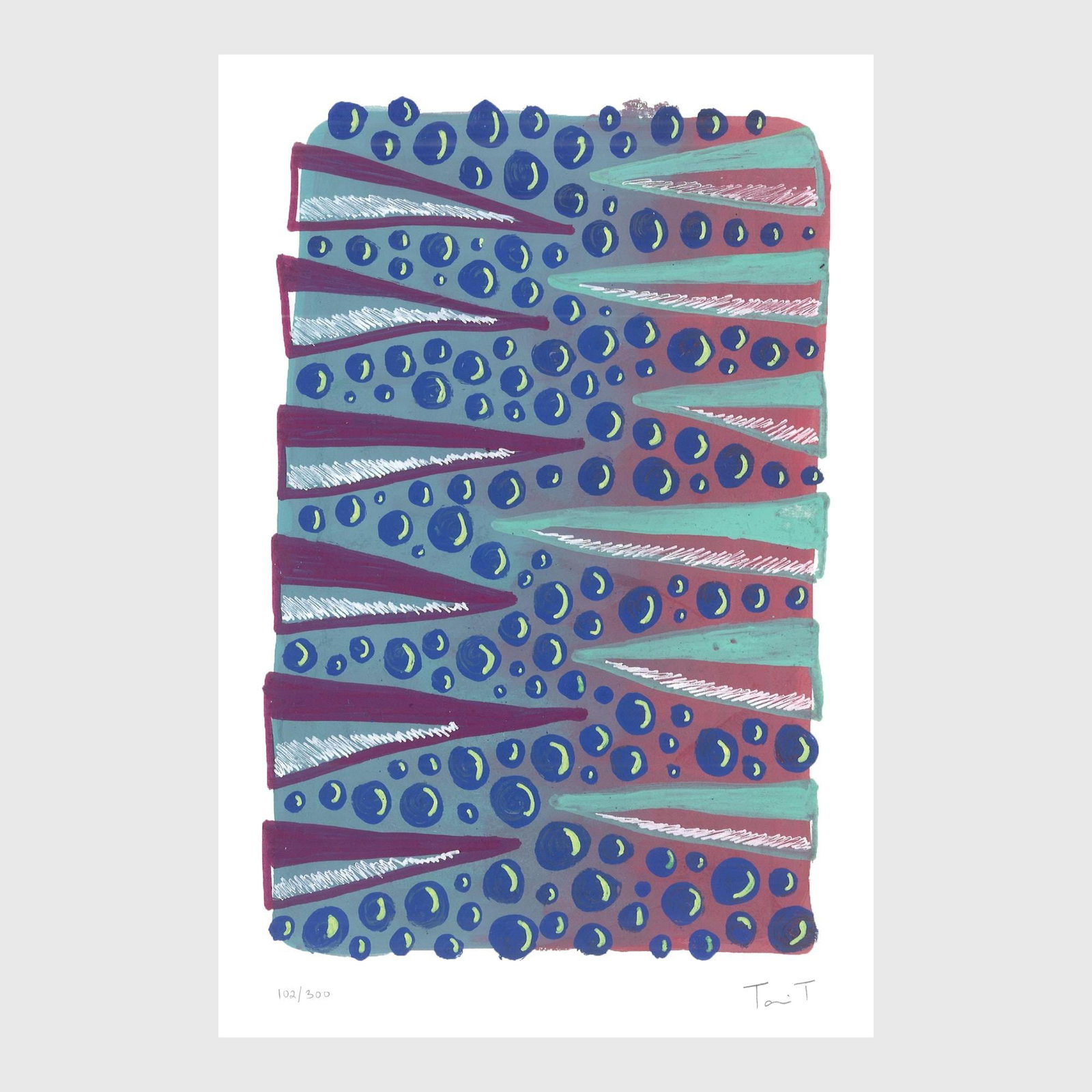 Drops with Blue Dots: Artist: Tanvi Thakur (1996) Title: Drops with Blue Dots, Drops With Dots Series Year: 2025 Medium: Archival Pigment Print on Paper Edition: 300 Size: 8 x 12 inches Inscription: Signed and numbered by